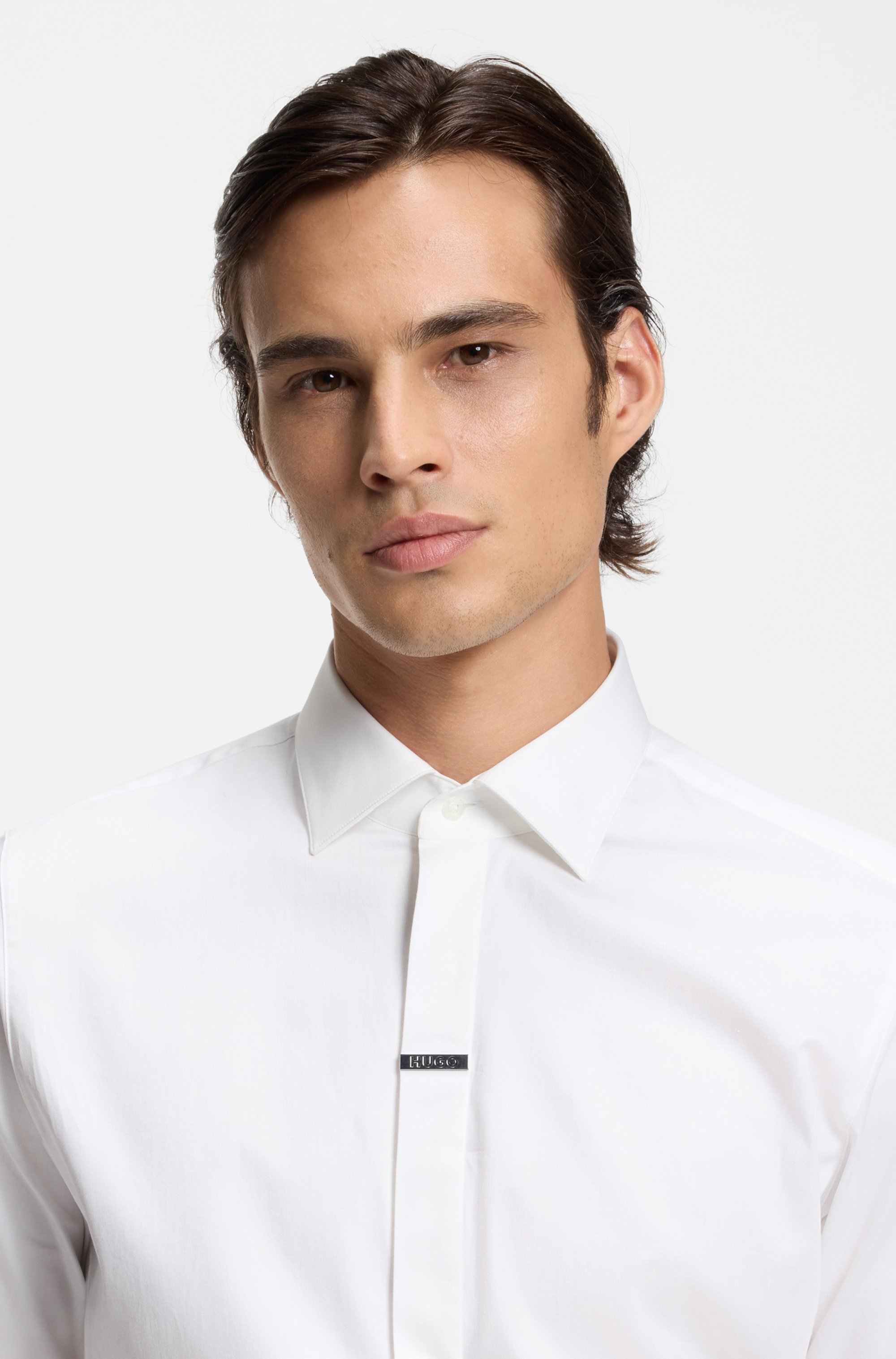 Modern-fit shirt in stretch cotton with concealed placket