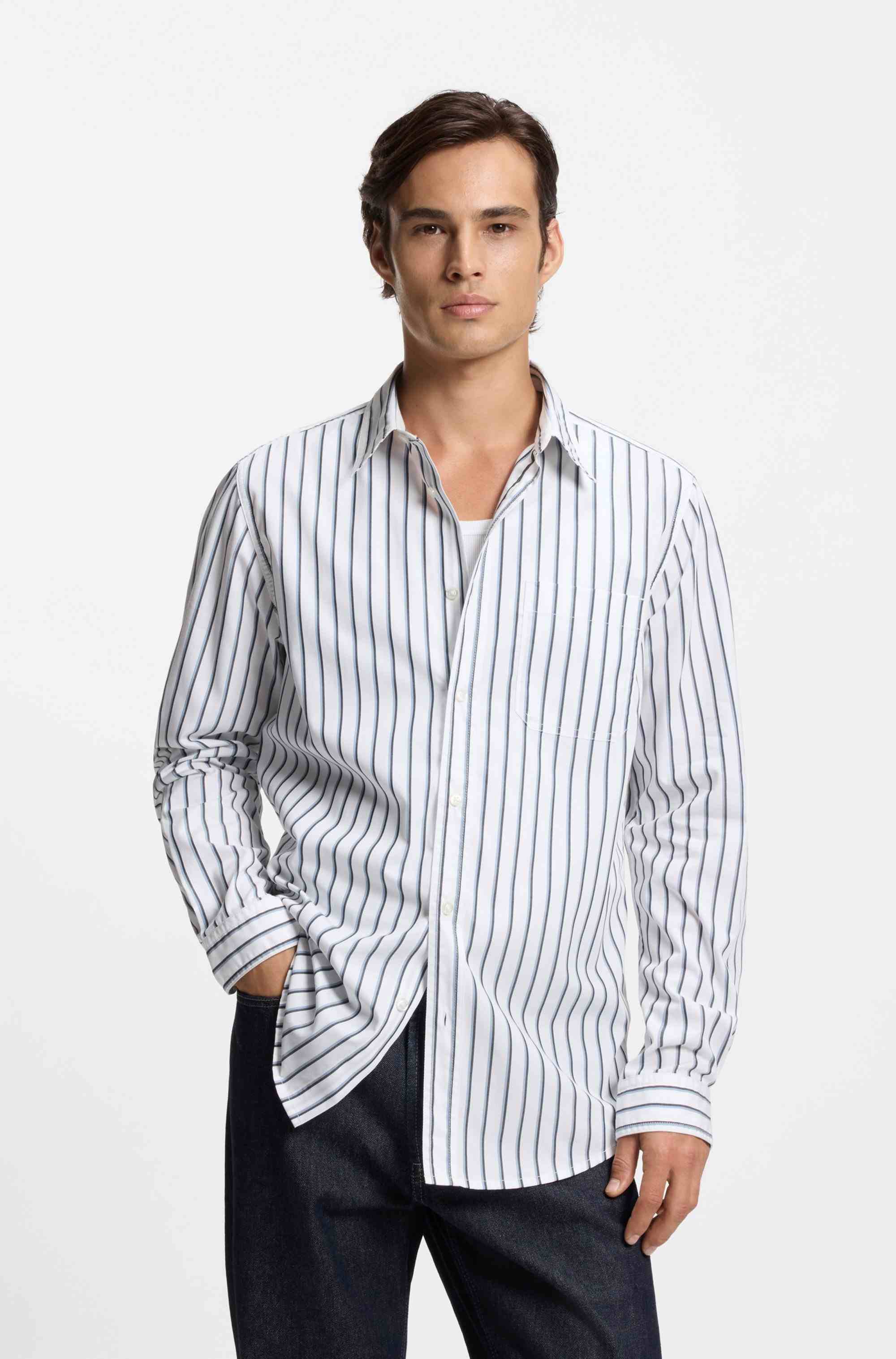 Oversized-fit shirt in striped cotton poplin