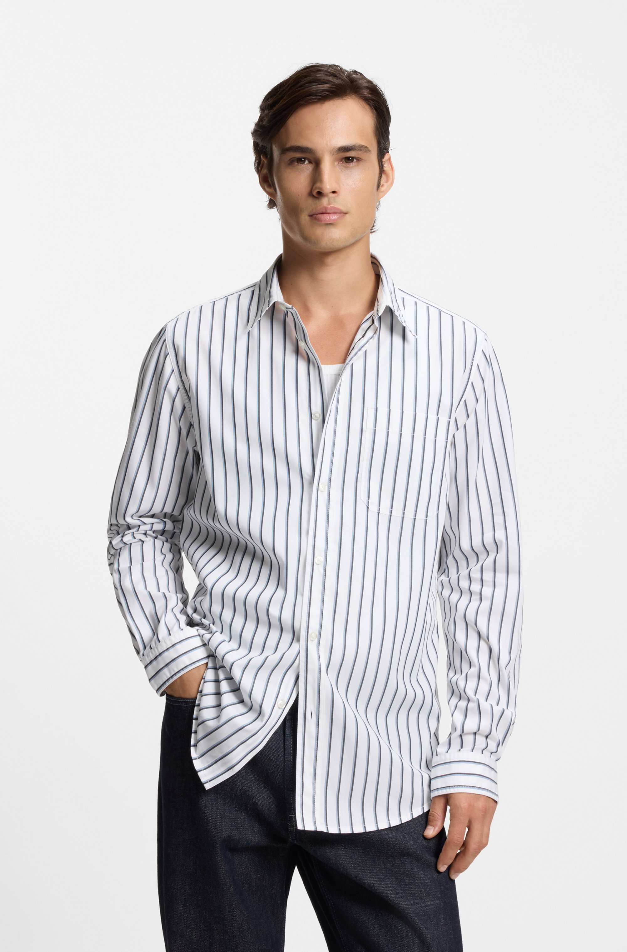 Oversized-fit shirt in striped cotton poplin