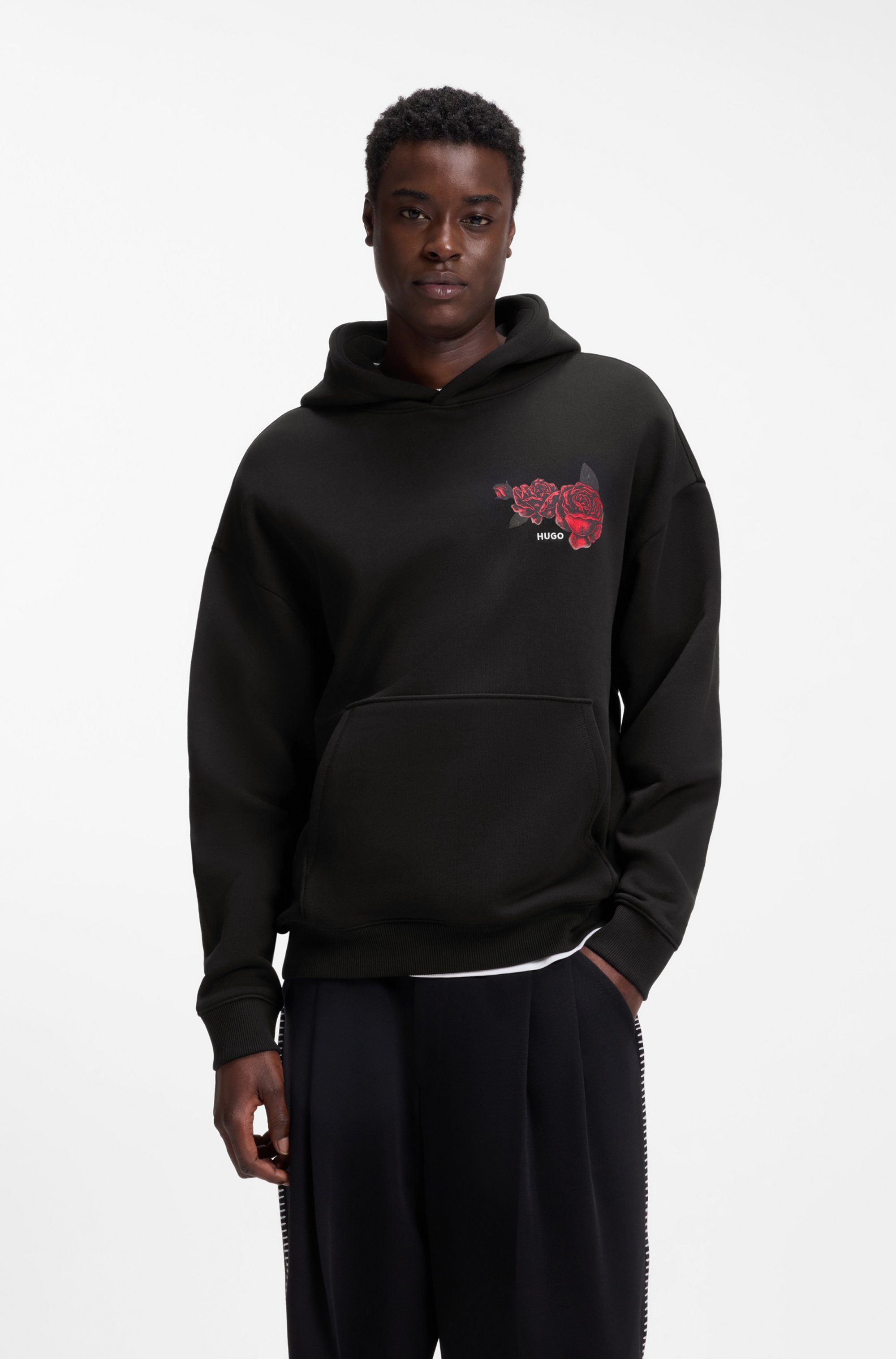 Cotton-terry hoodie with rose artwork