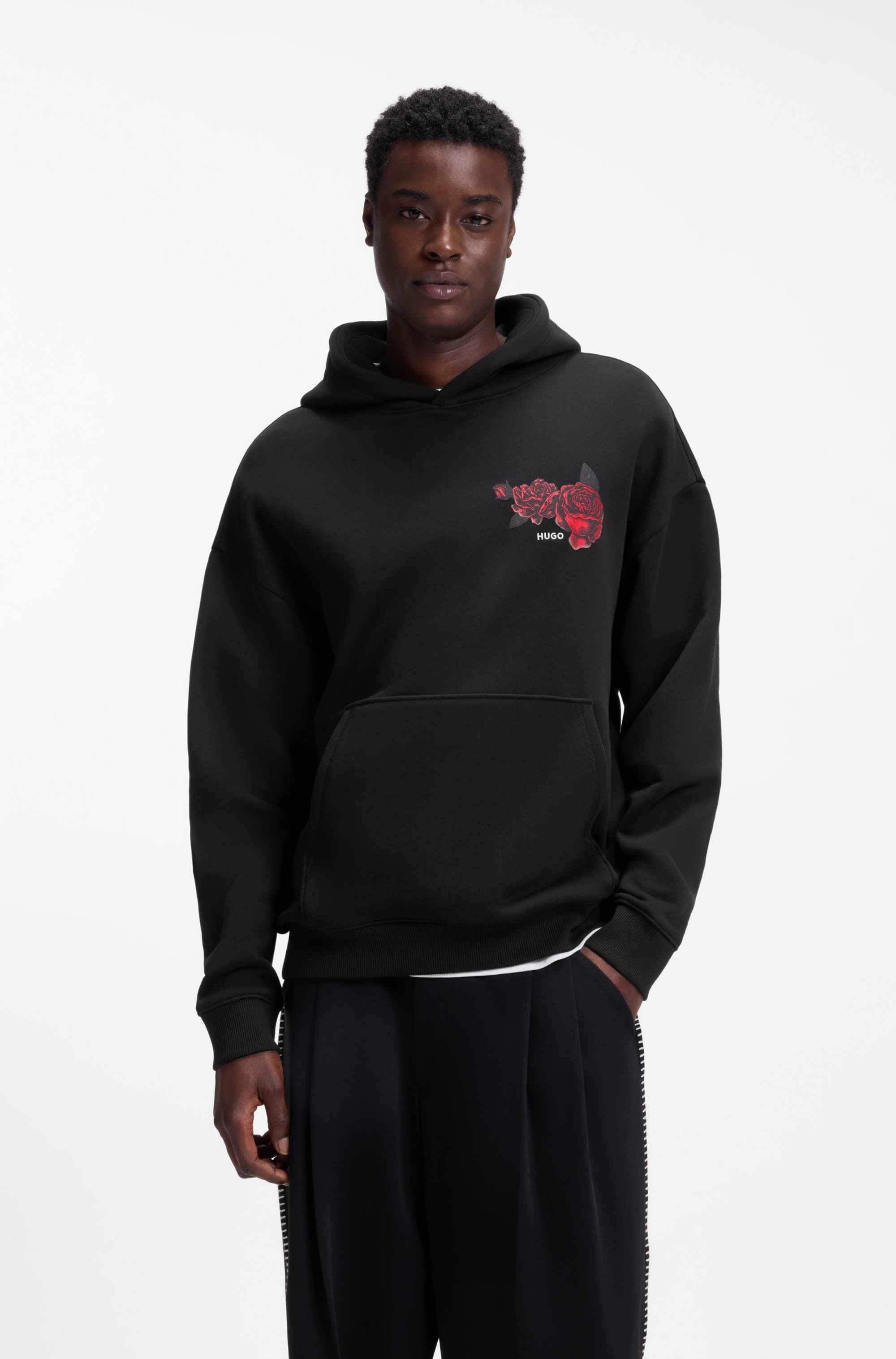 Cotton-terry hoodie with rose artwork