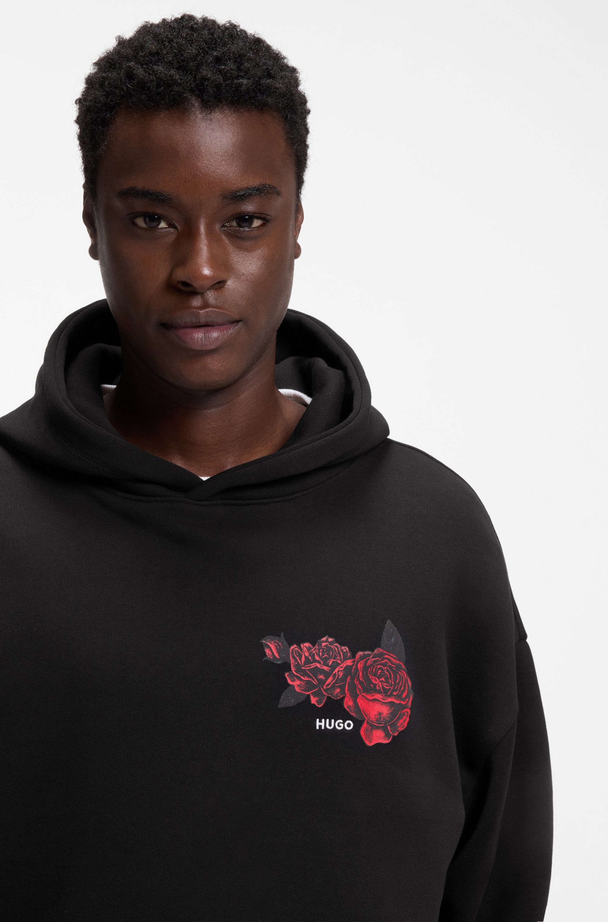 Cotton-terry hoodie with rose artwork