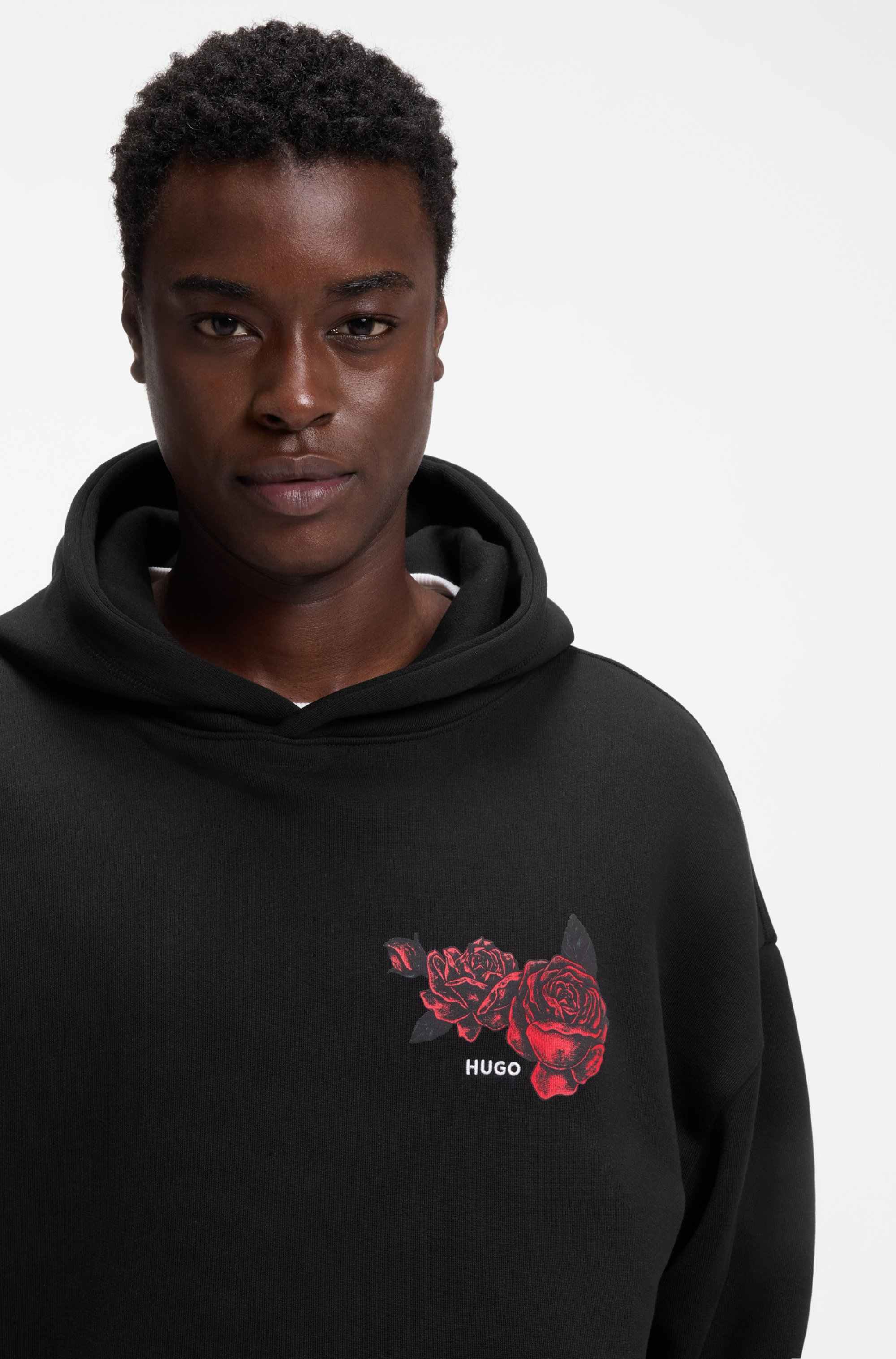 Cotton-terry hoodie with rose artwork