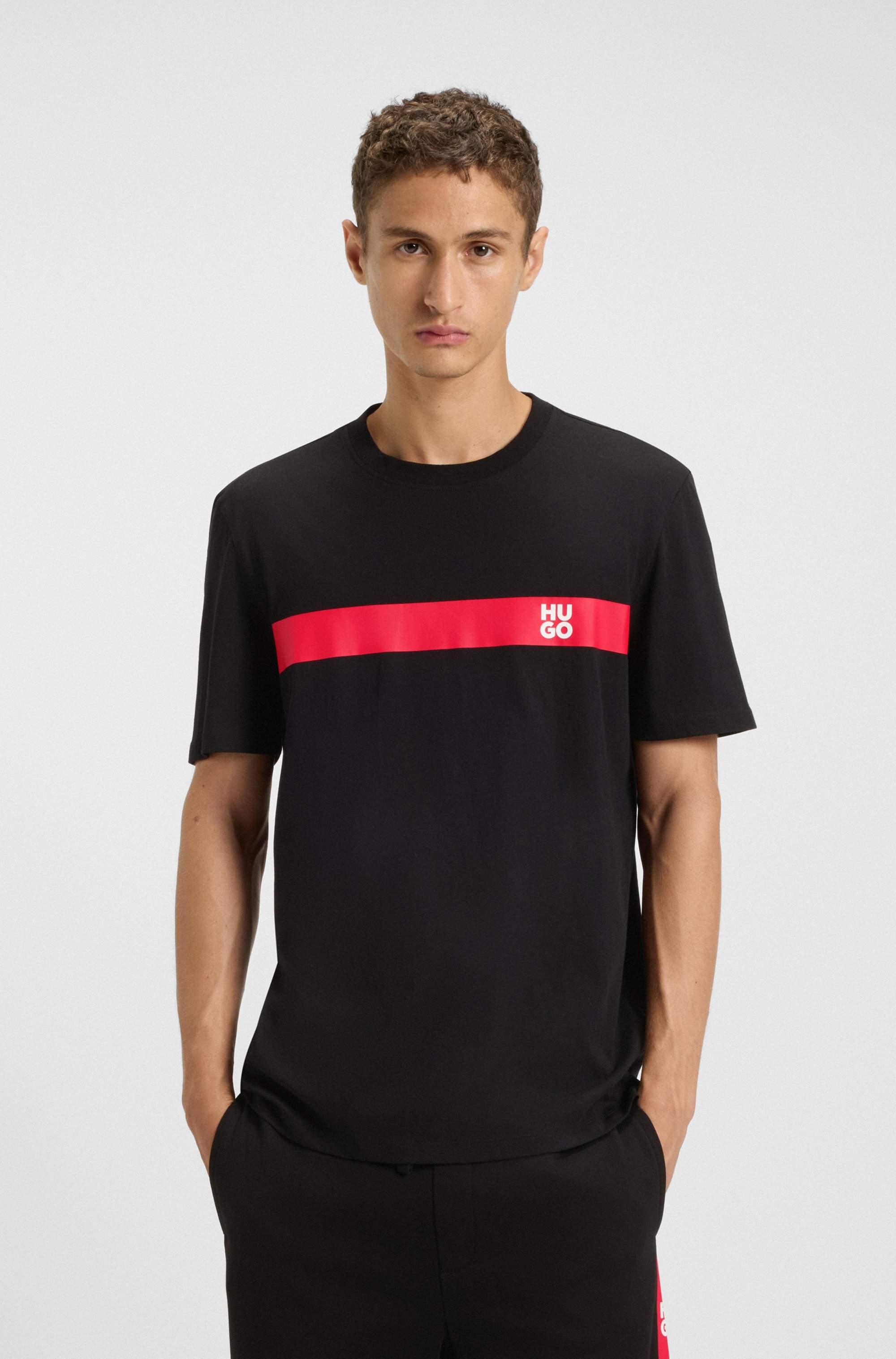 Cotton-jersey T-shirt with stripe and logo