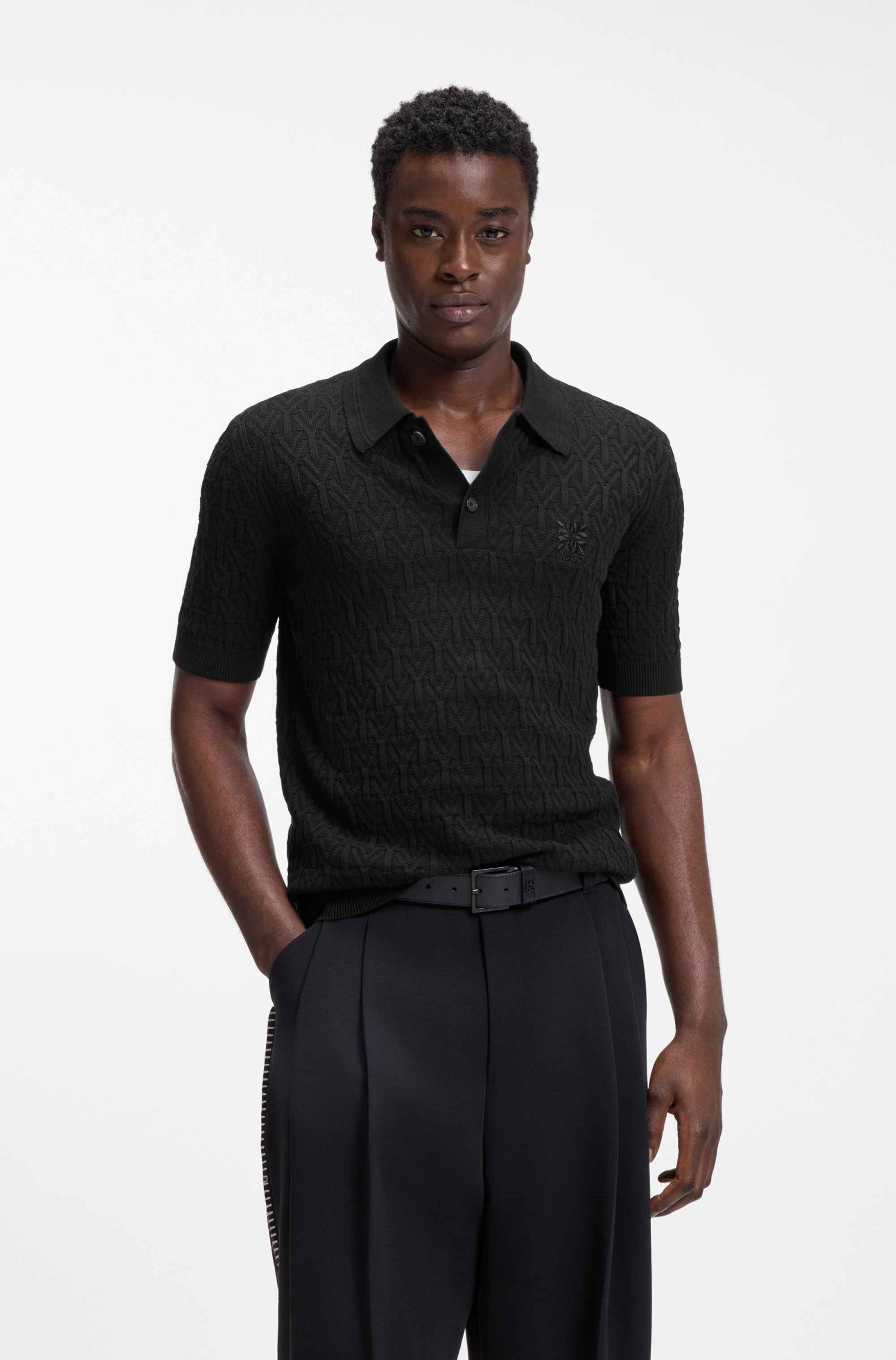 Knitted-cotton sweater with polo collar