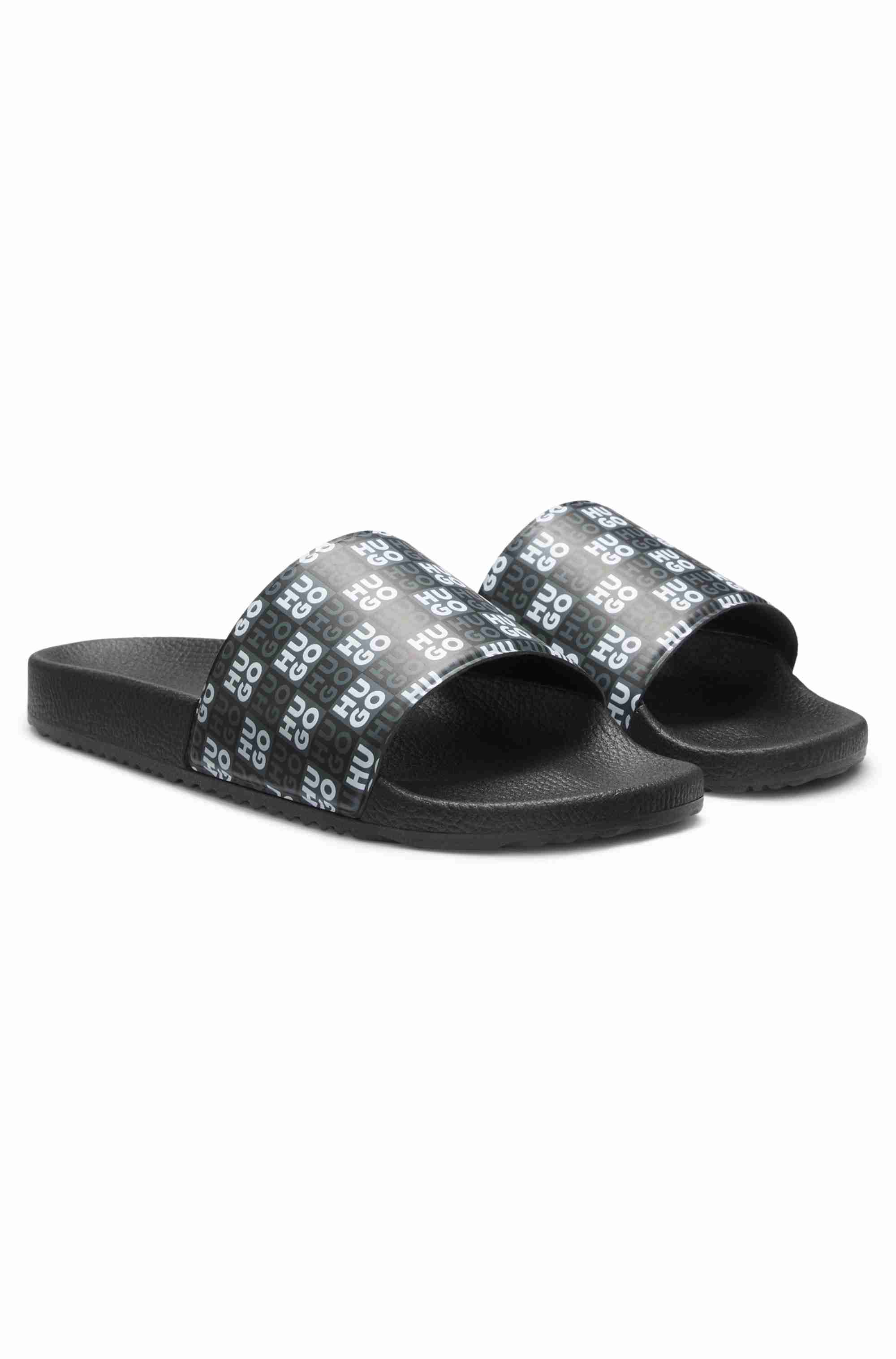Italian-made slides with stacked-logo strap