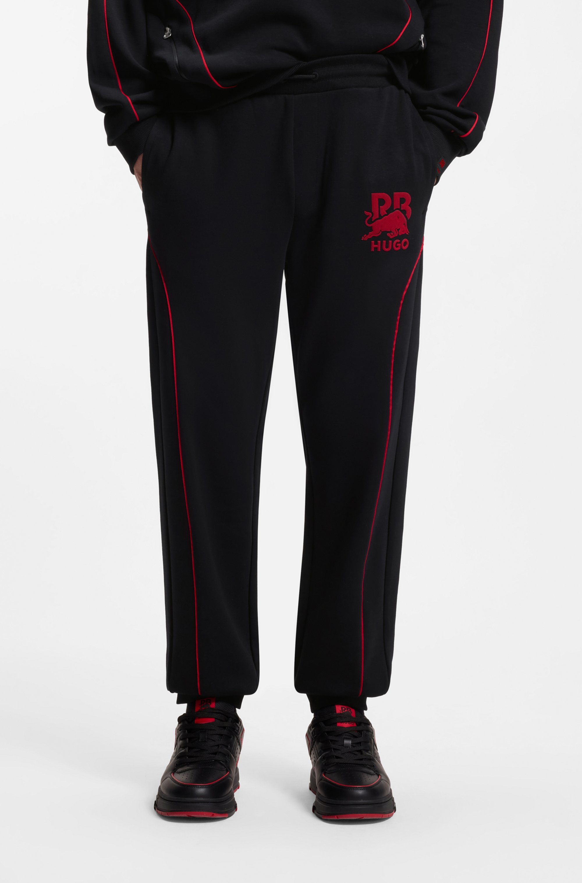 HUGO x RB stretch-cotton tracksuit bottoms with bull motif