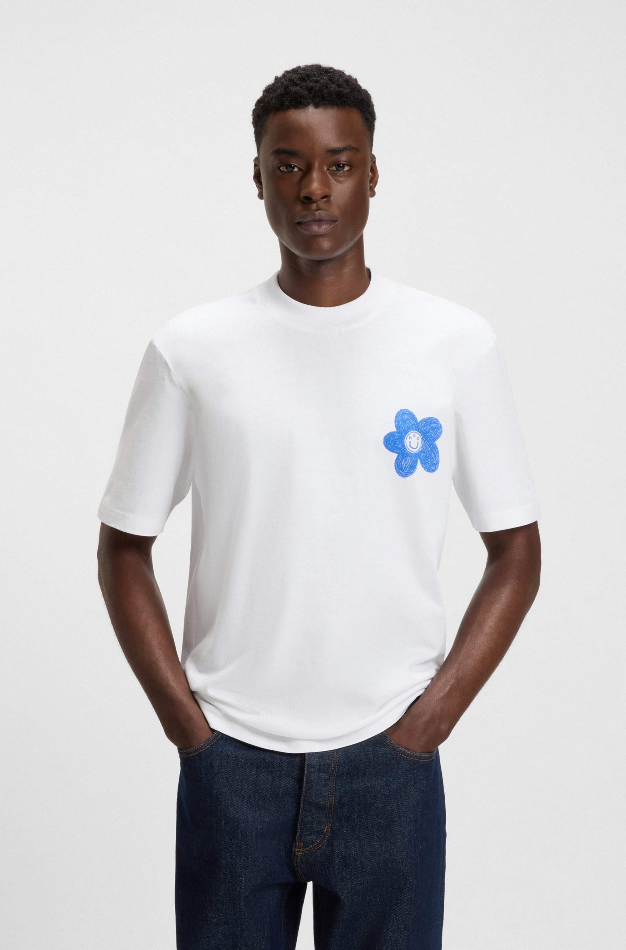 Cotton-jersey T-shirt with Happy HUGO logo artwork