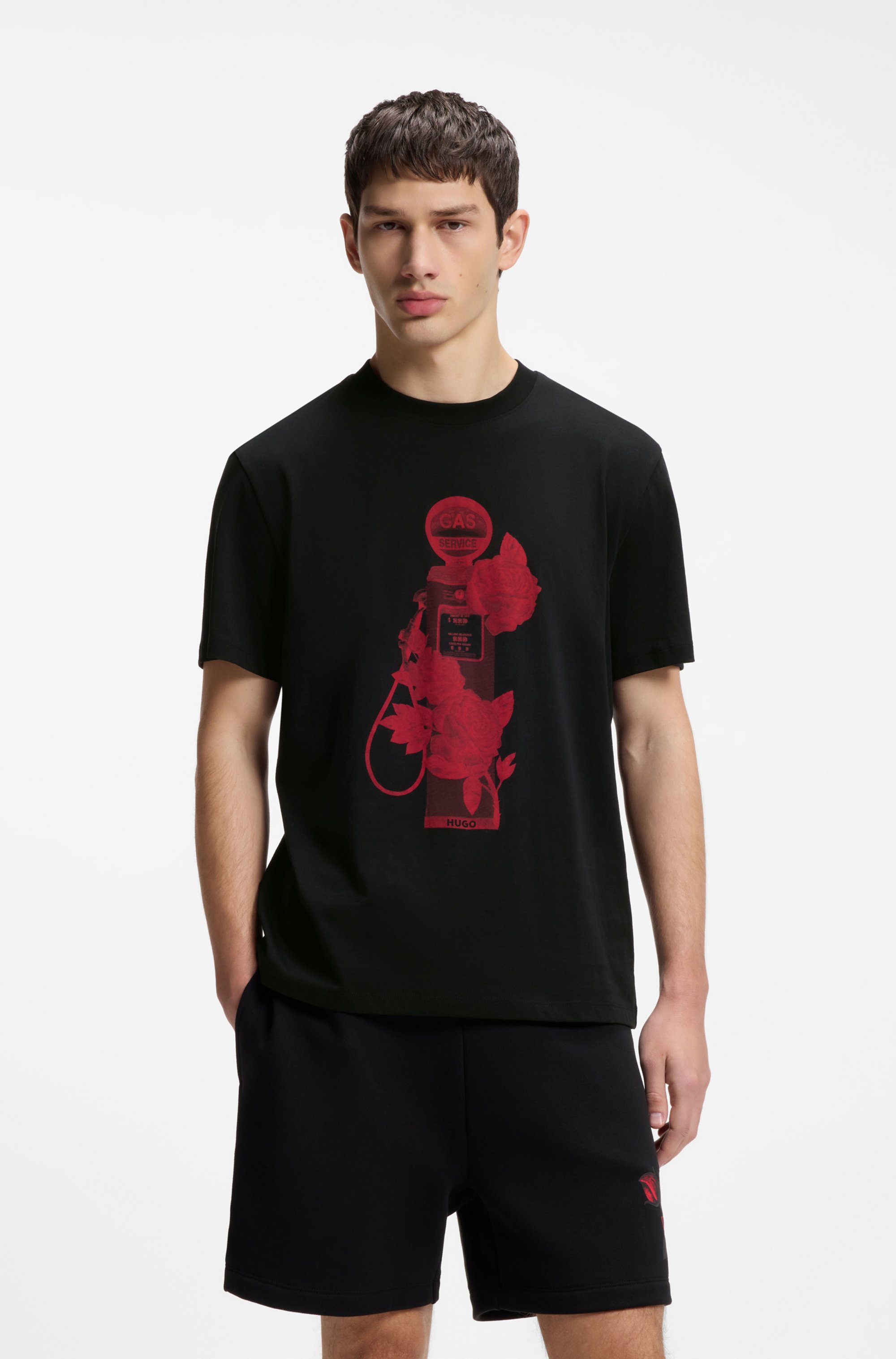 Cotton-jersey T-shirt with biker-inspired and roses graphic