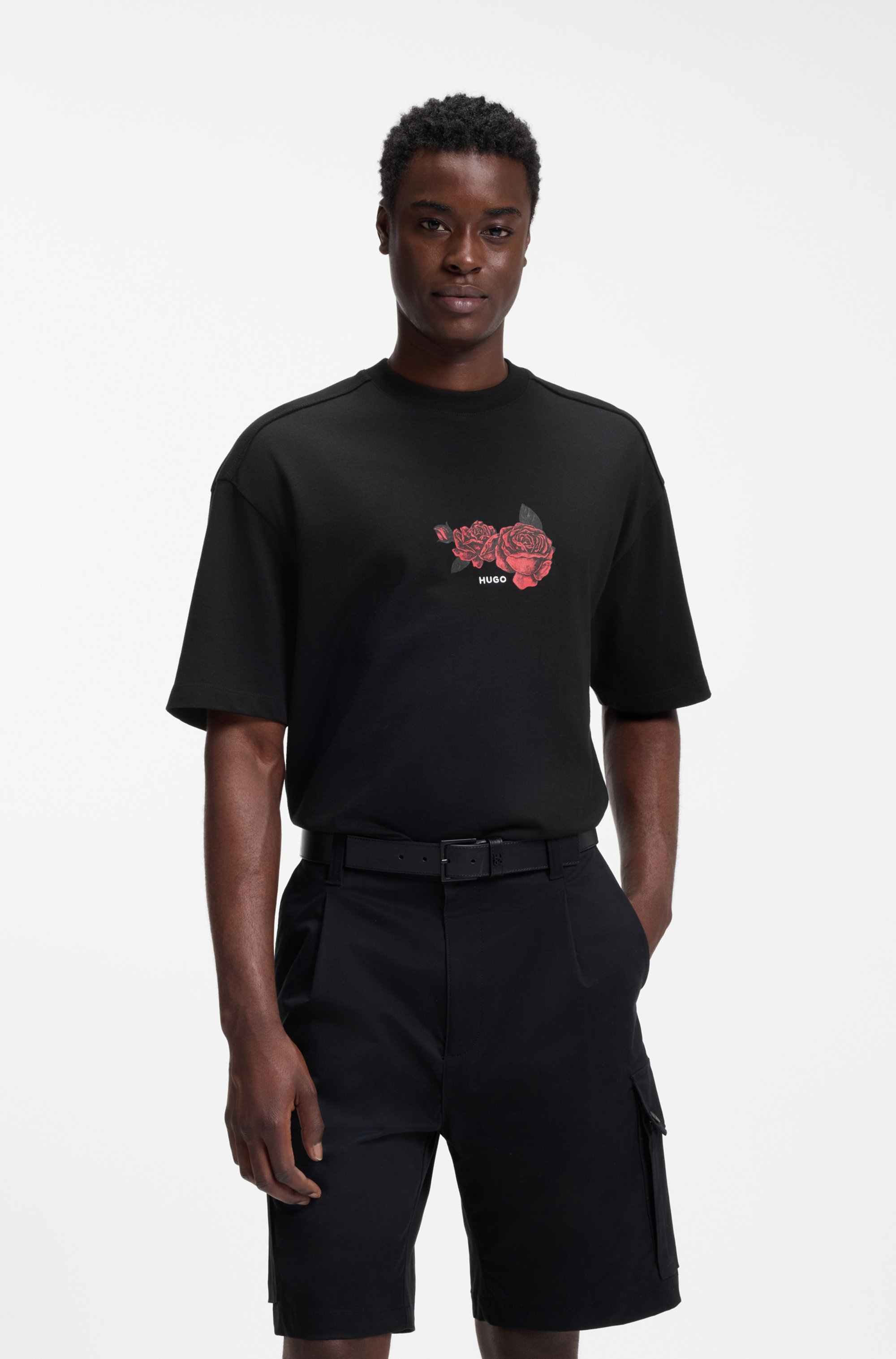 Oversized-fit cotton T-shirt with biker and roses graphic