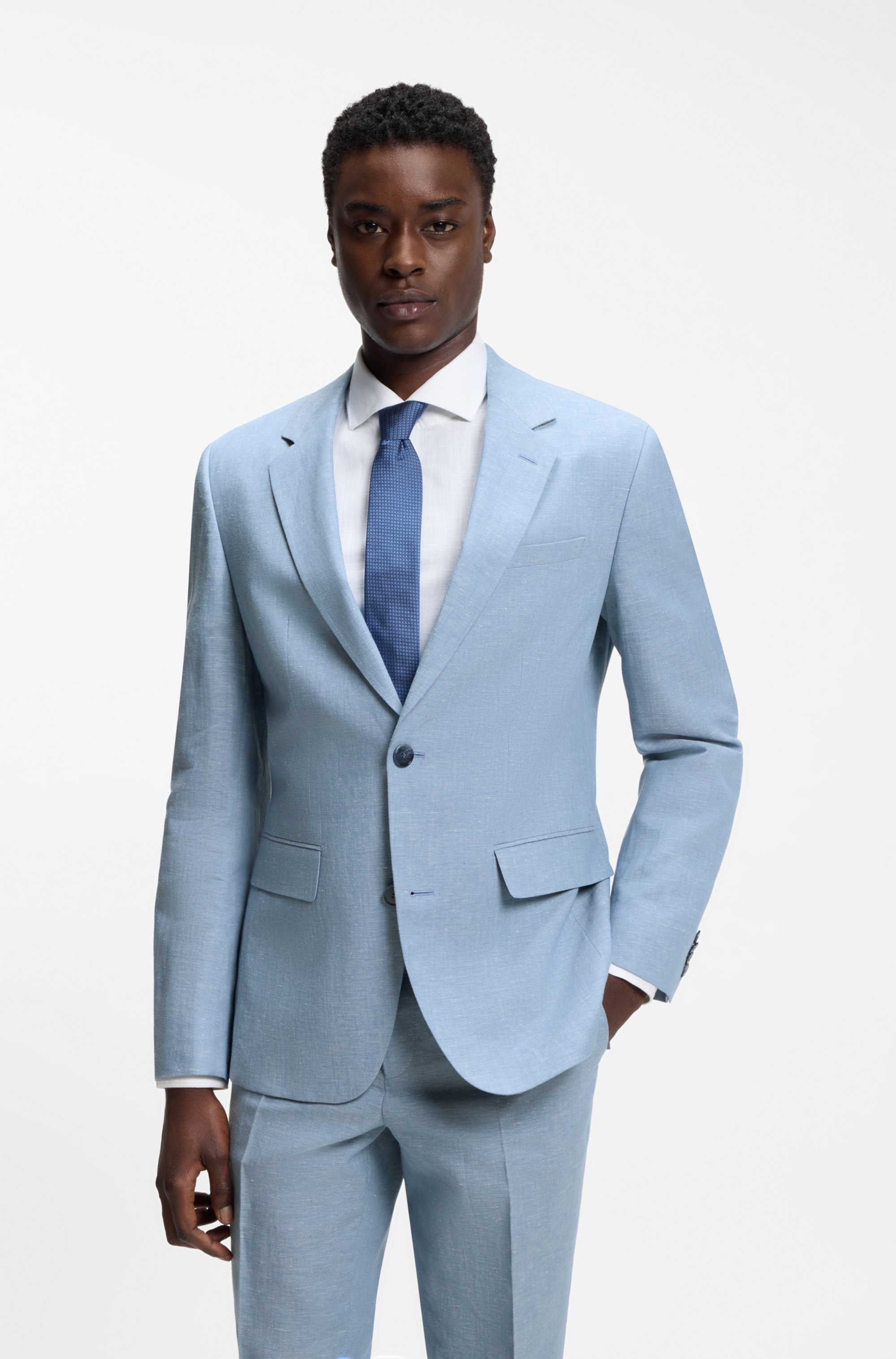 Two-piece slim-fit suit in cotton and linen