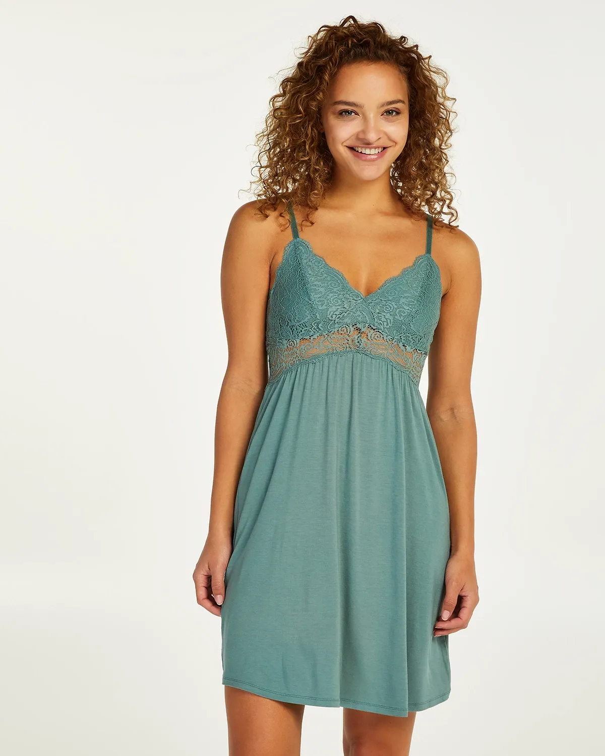 Green Vera jersey lace slip dress