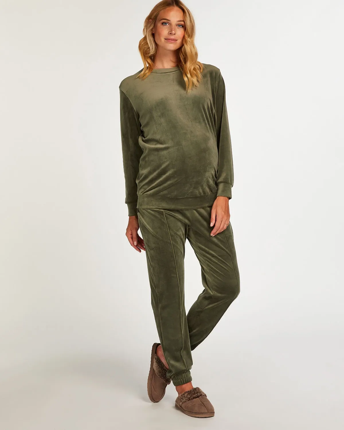 Green Velour Pintuck maternity jogging bottoms
