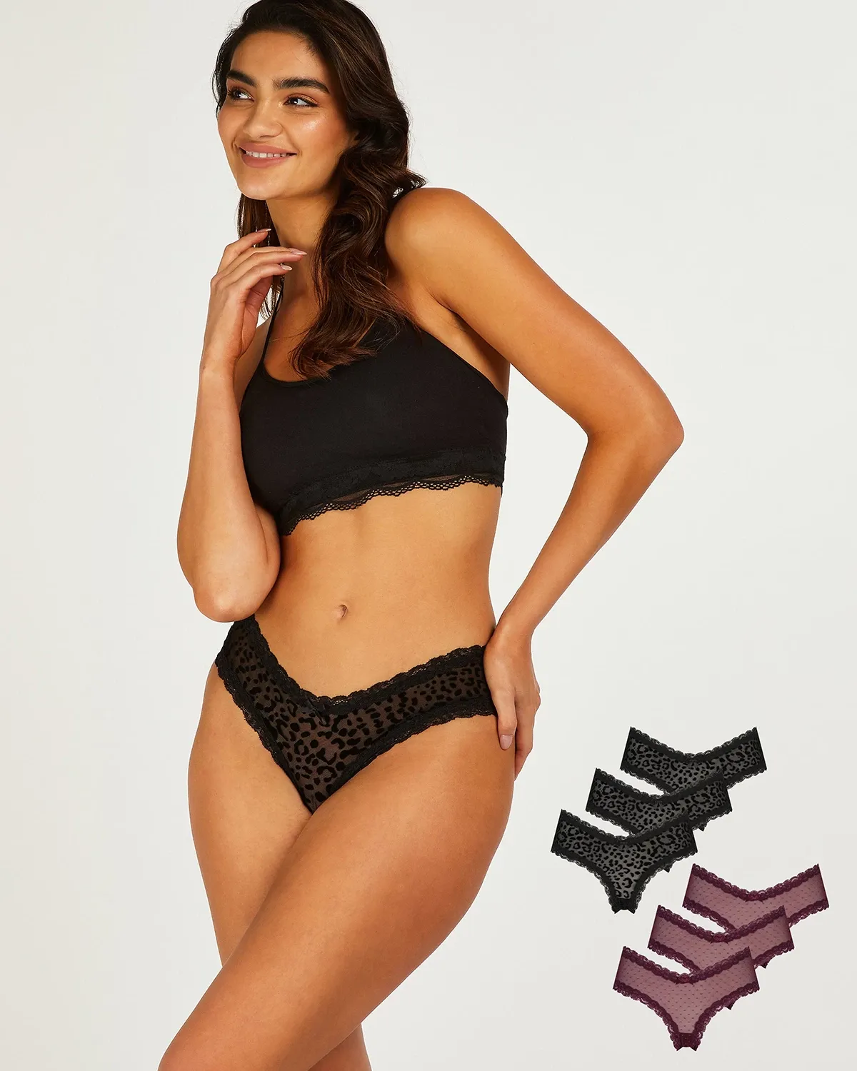 Black 6 pack V shaped Brazilian knickers mesh