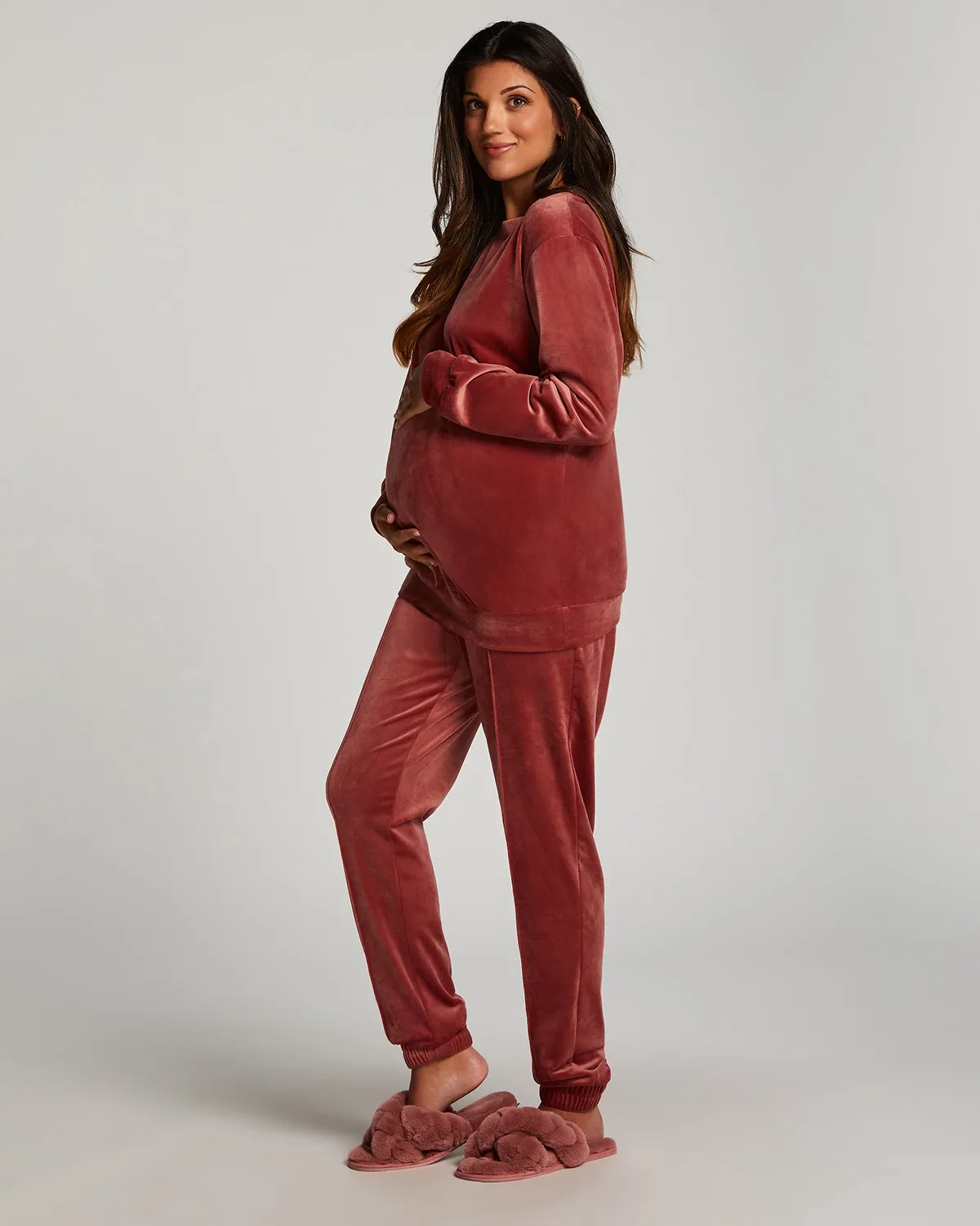 Pink Velours Pintuck Maternity Jogging Pants