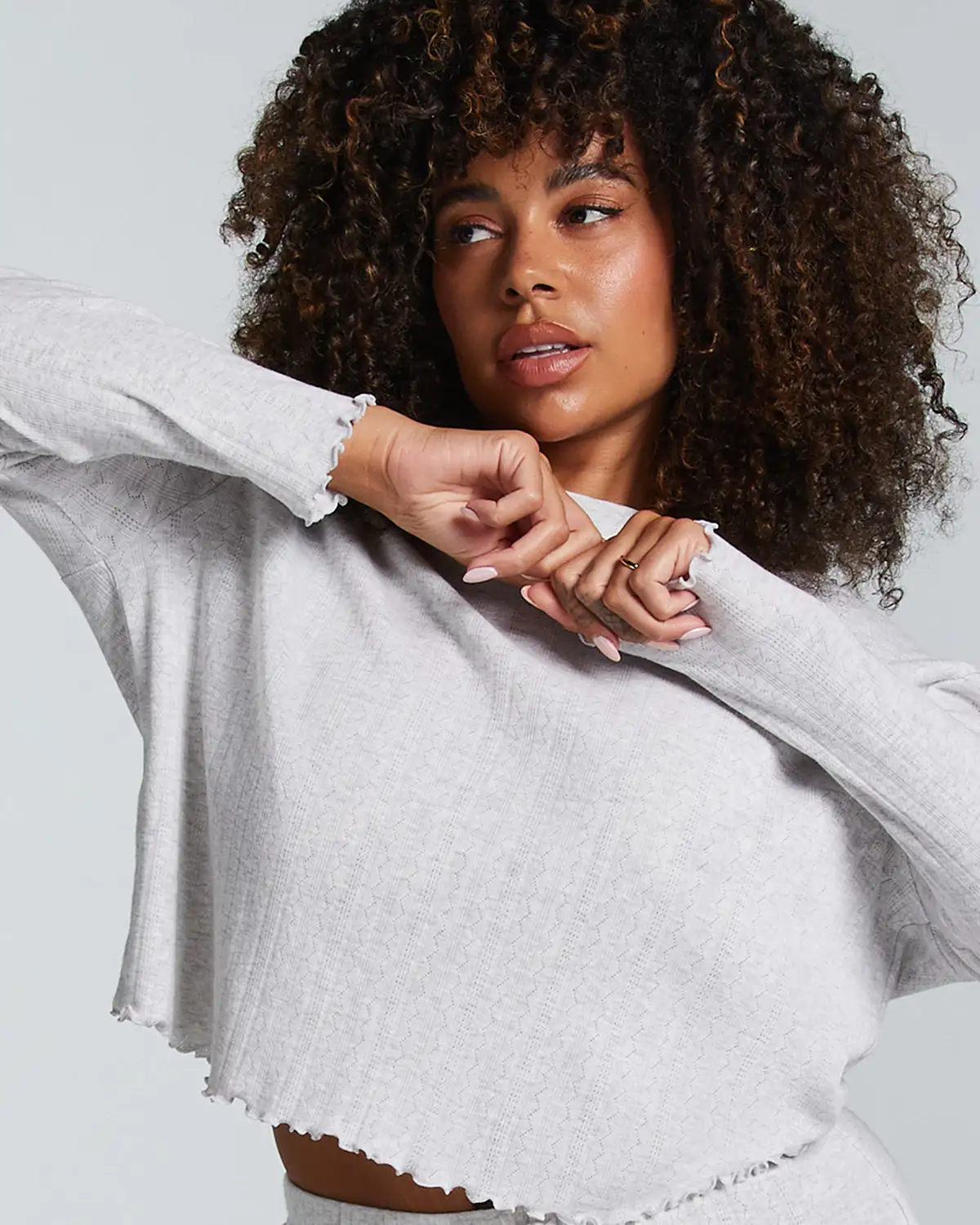 Beige Pointelle Long-Sleeved Pyjama Top