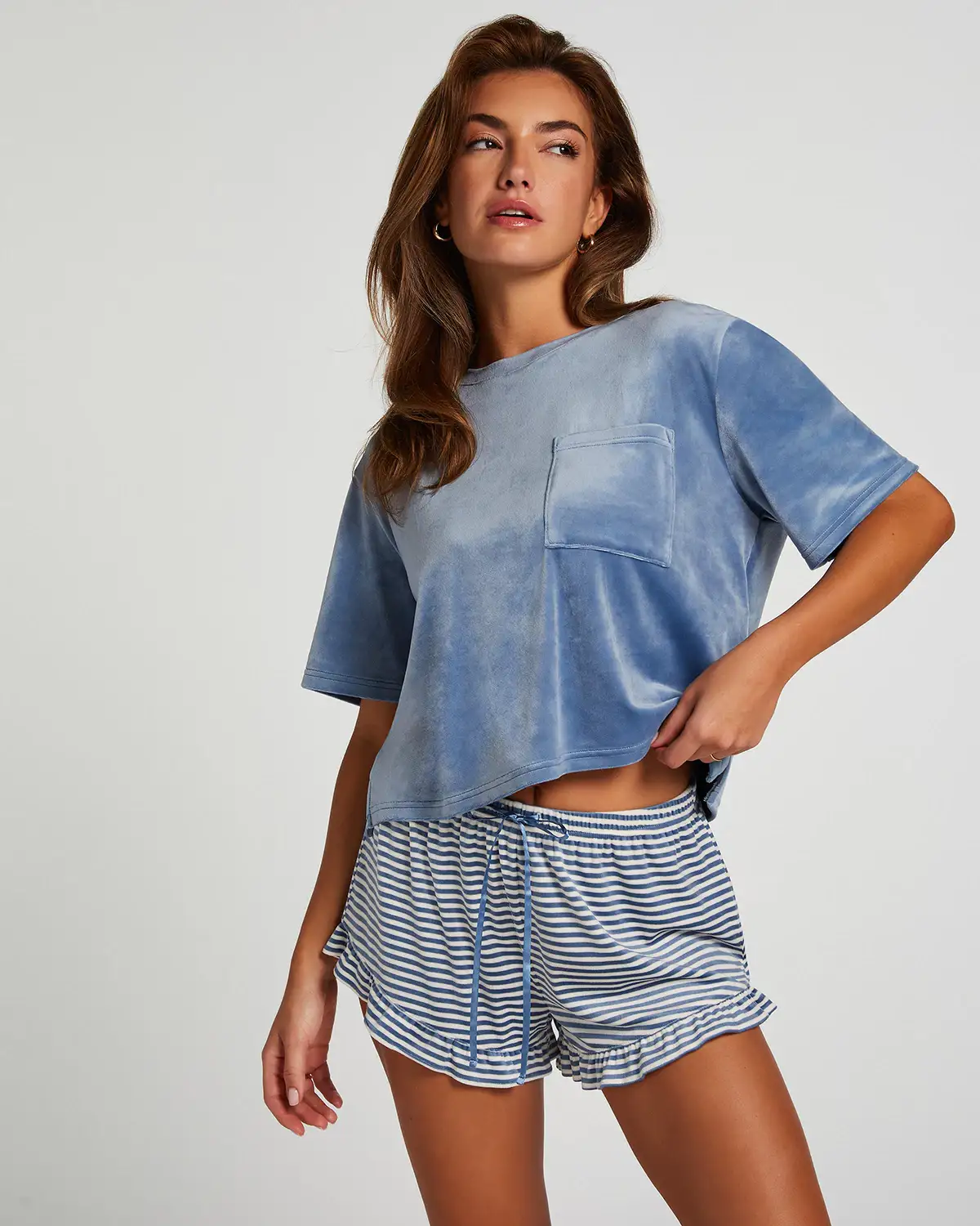 Blue Velours Ruffle Shorts