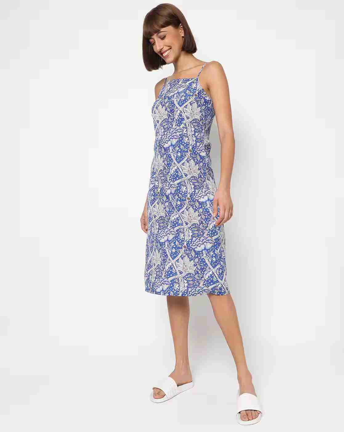 Floral Print A-line Dress with Spaghetti Straps