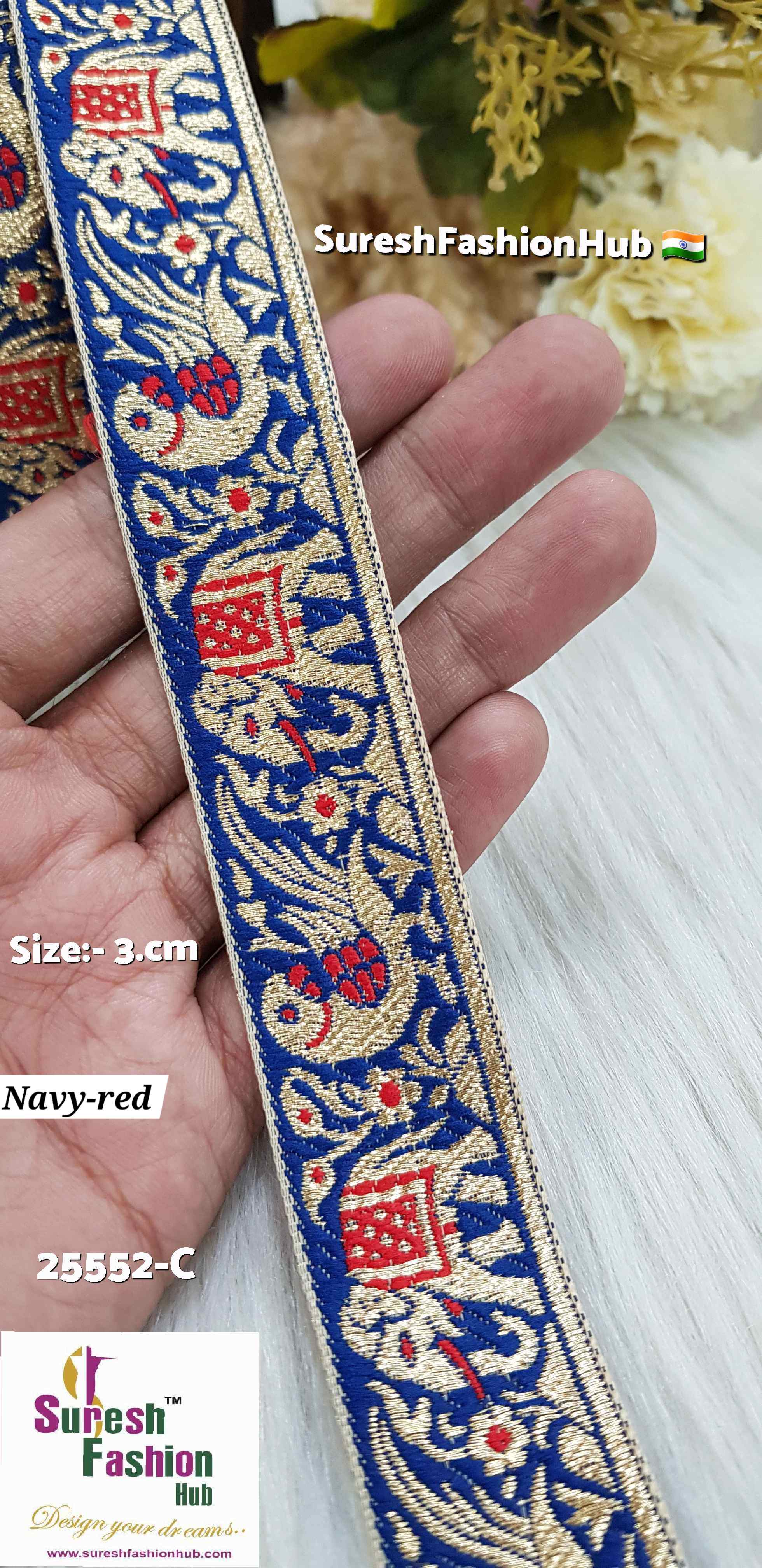 Navy Blue & Red Color Elephant Parrot Banarasi Lace