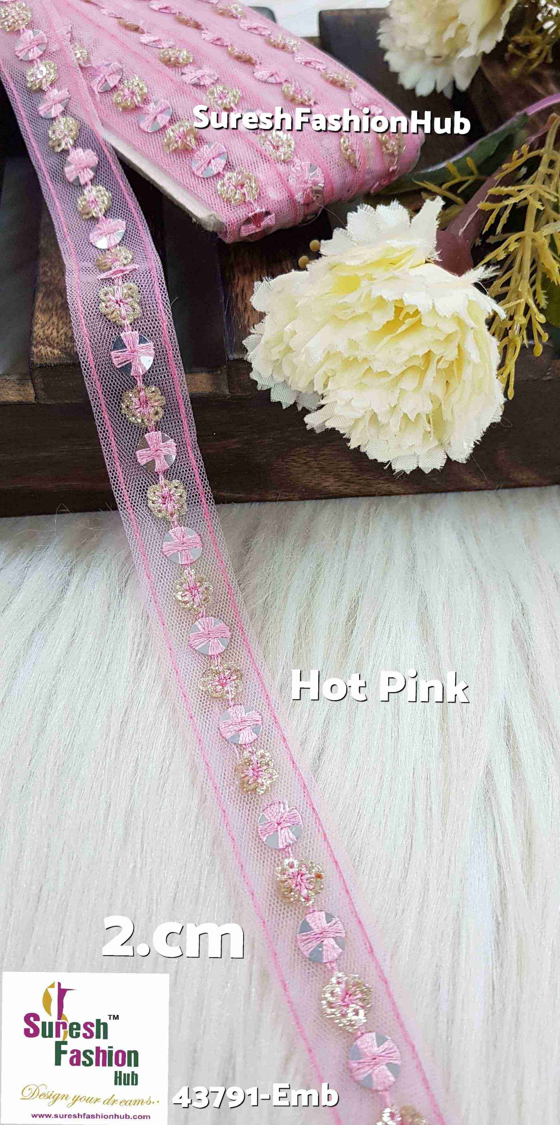 Hot Pink Embellished Floral Lace Trim