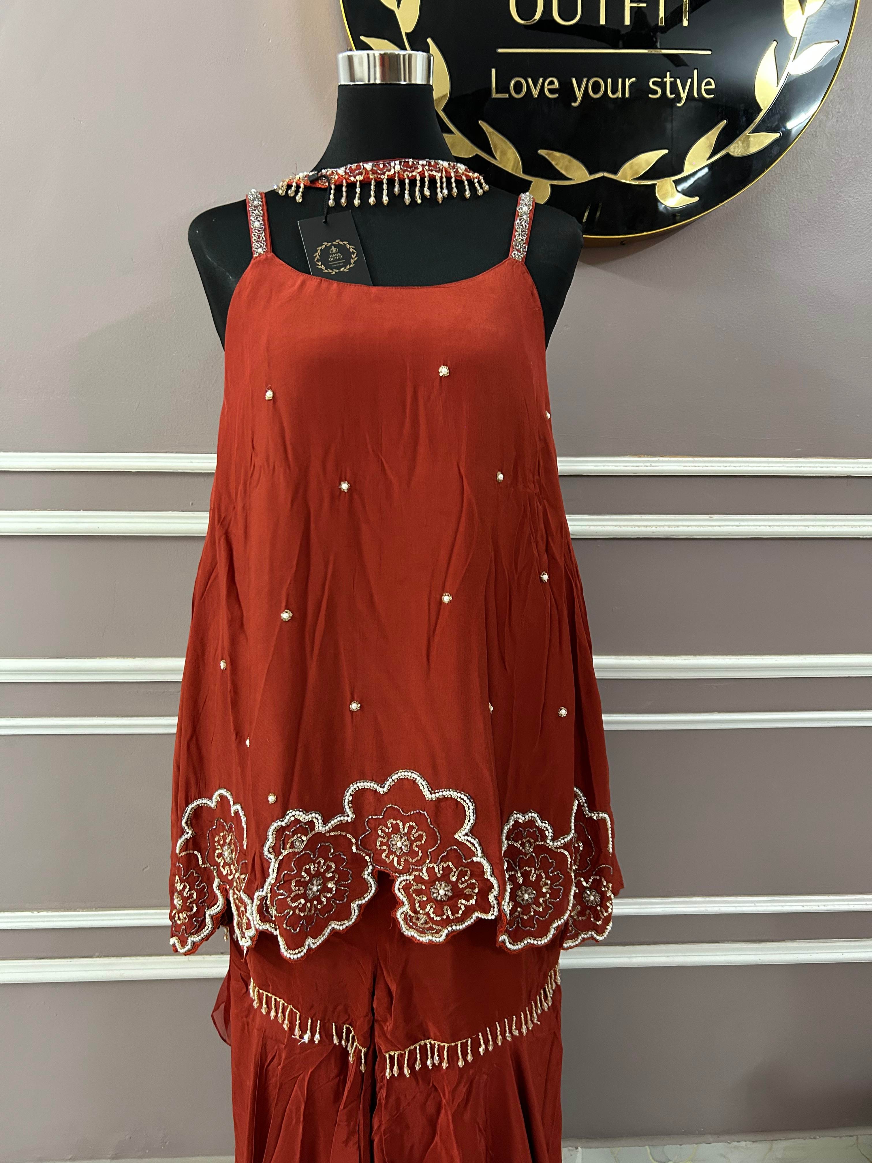 Rust red sharara set with floral embroidery for Women & pearl detailing – perfect for weddings, festivals & parties