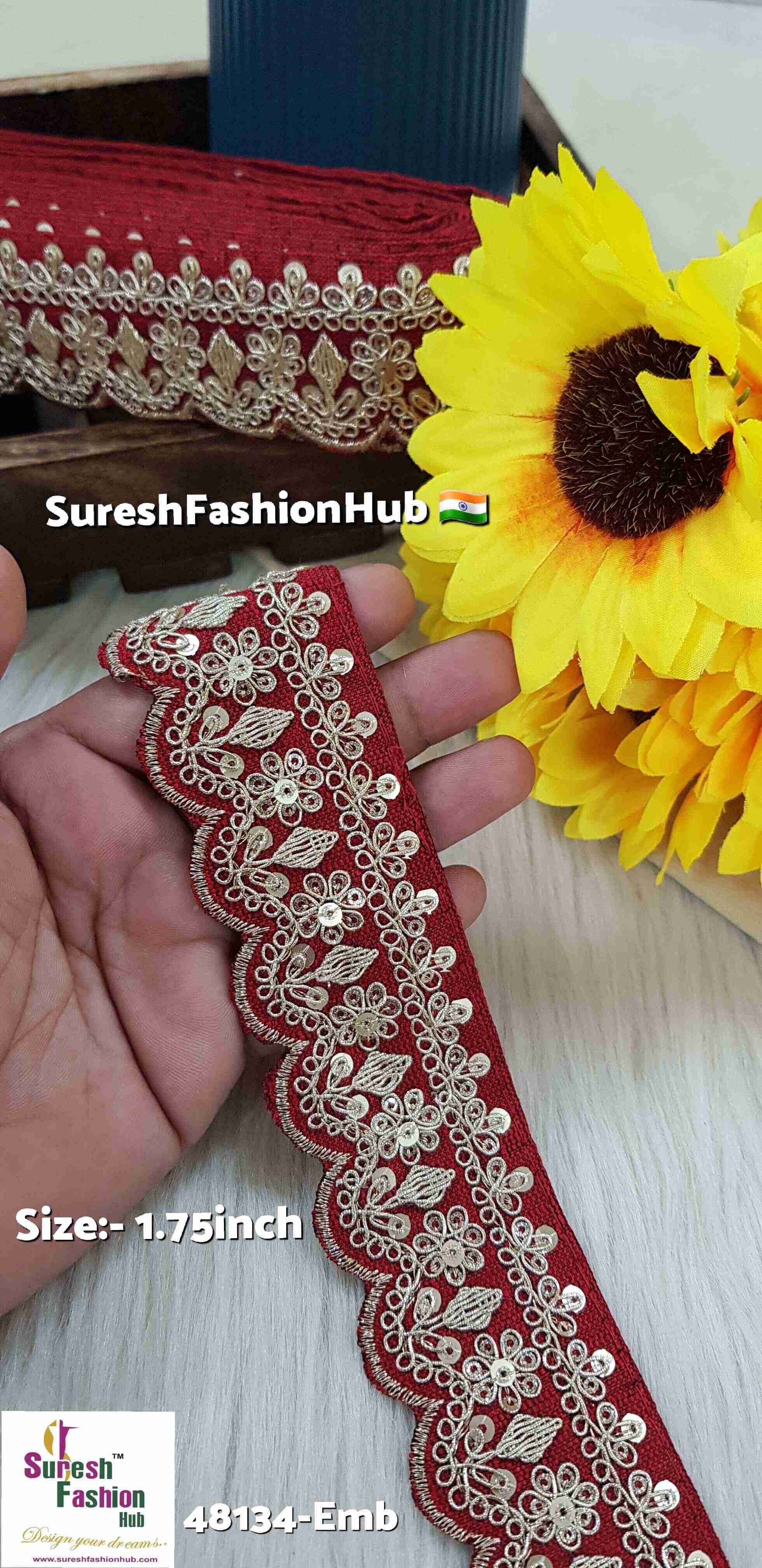 Maroon Scalloped Pearl Dori Embroidery Lace on Beige Net