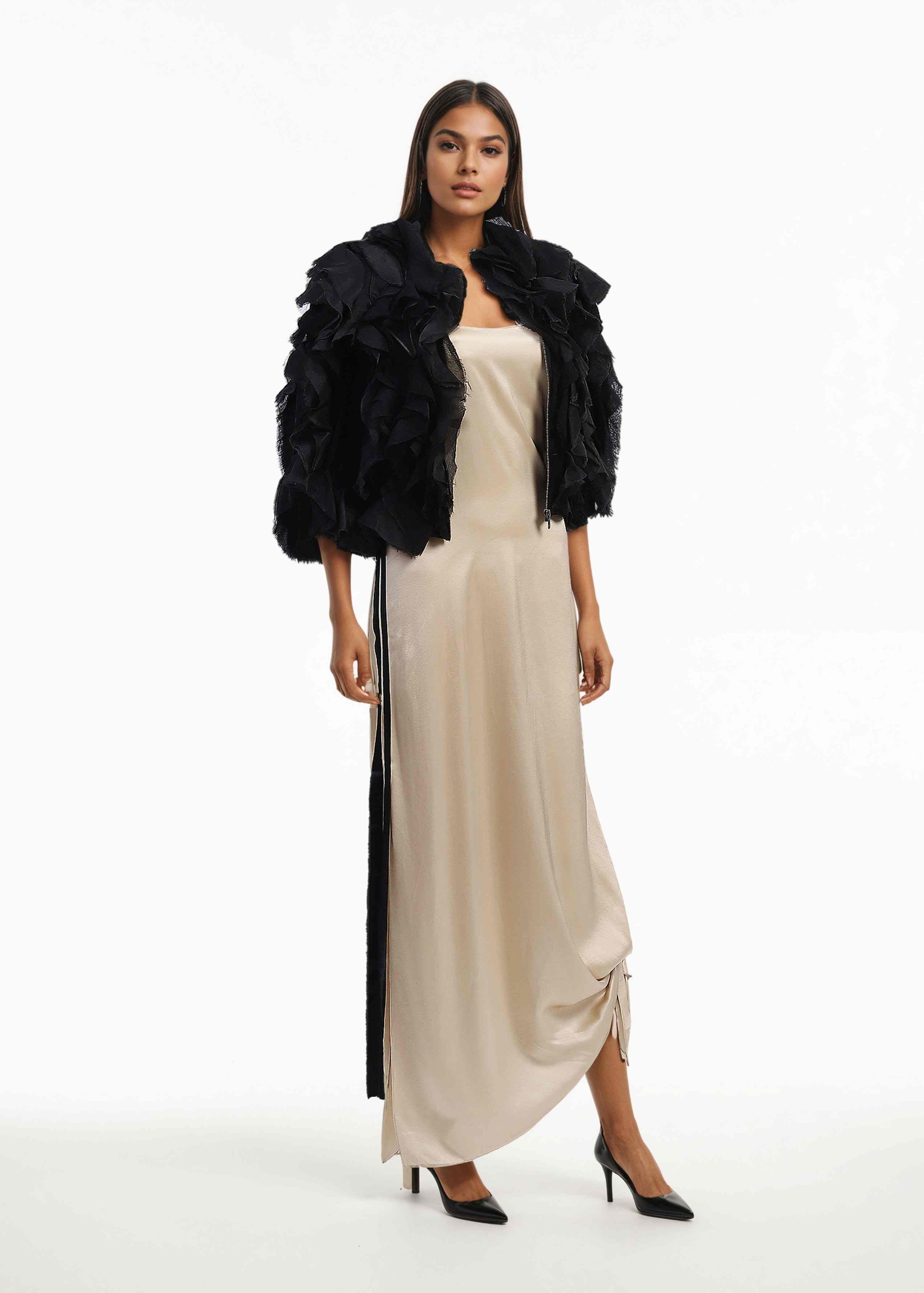 AKOK Multicolor Silk Ruffle shrug with slip dress Dresses