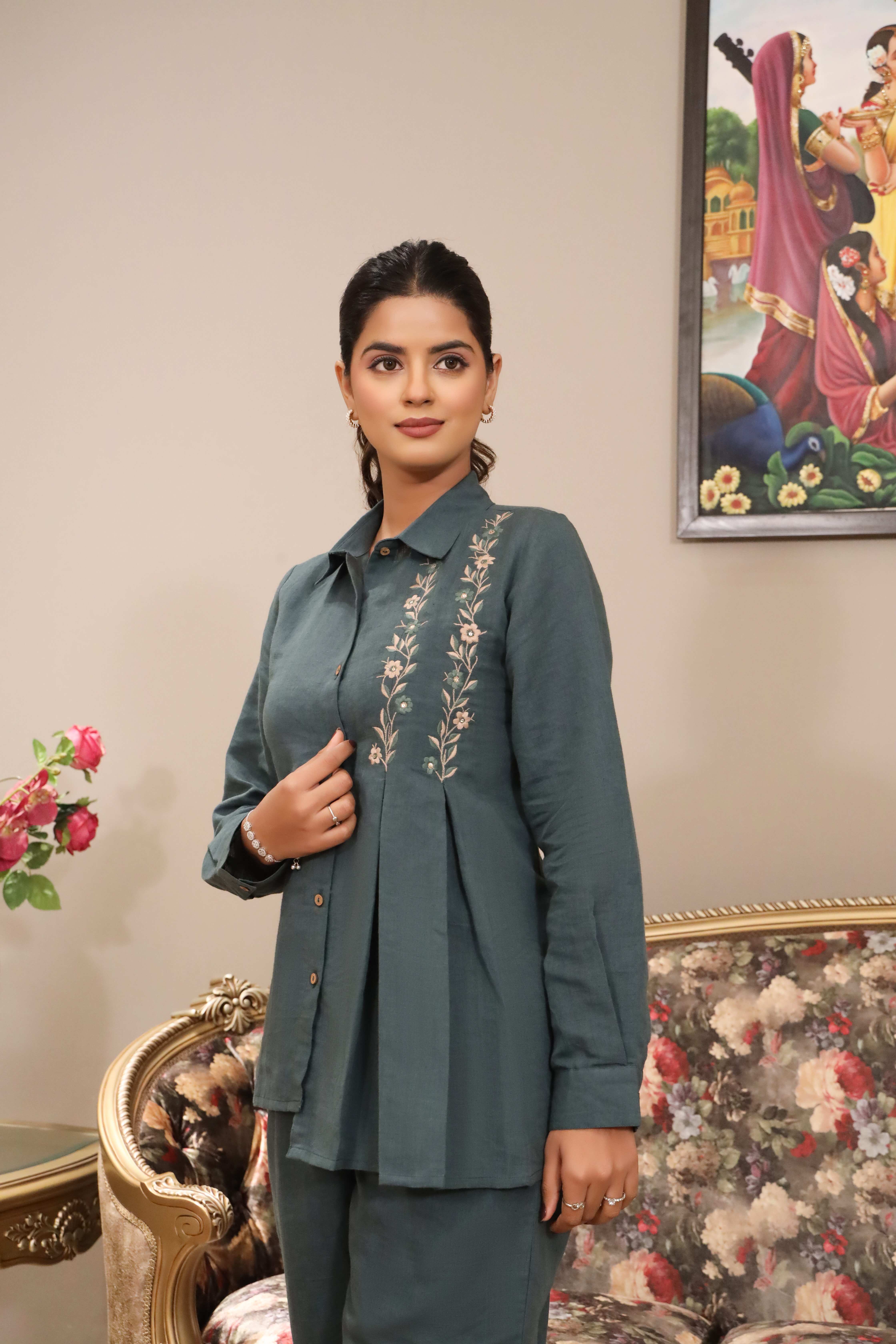 WOMEN'S OLIVE COTTON SLUB CO-ORD SET