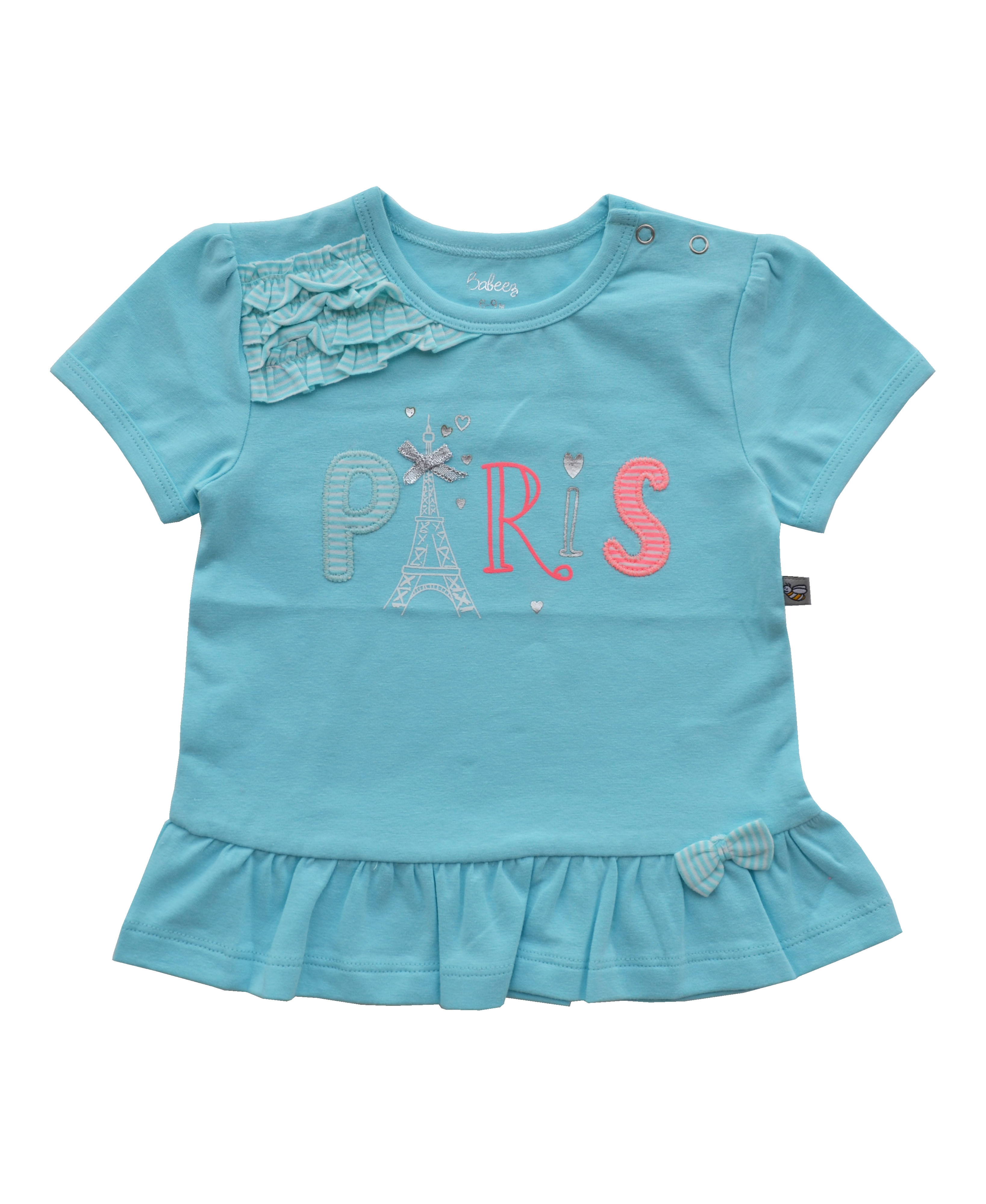 PARIS Applique on Mint colour Short Sleeves Top (95% Cotton 5% Elasthan Jersey)