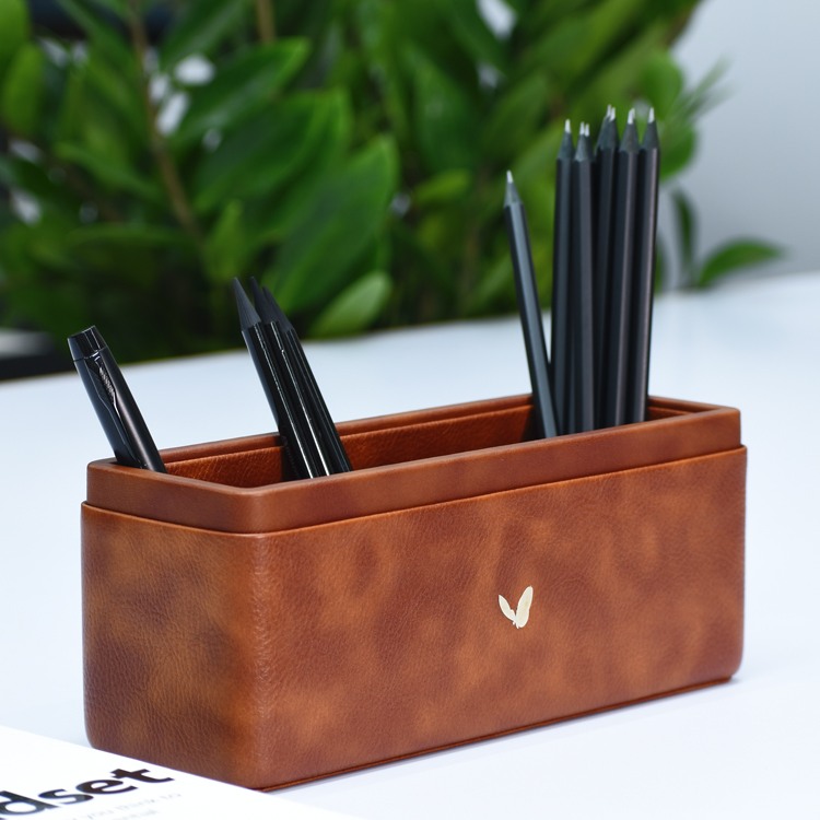 Pen/Pencil Holder | Faux Leather | Rectangular Large | Classic | Tan