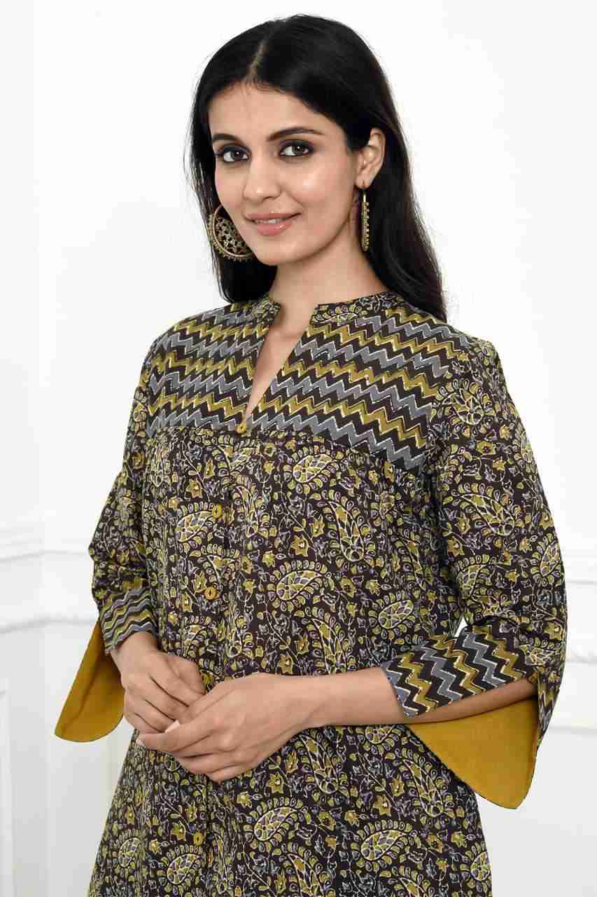 Naksh Brown and Yellow Ajrakh Print A-Line Kurta