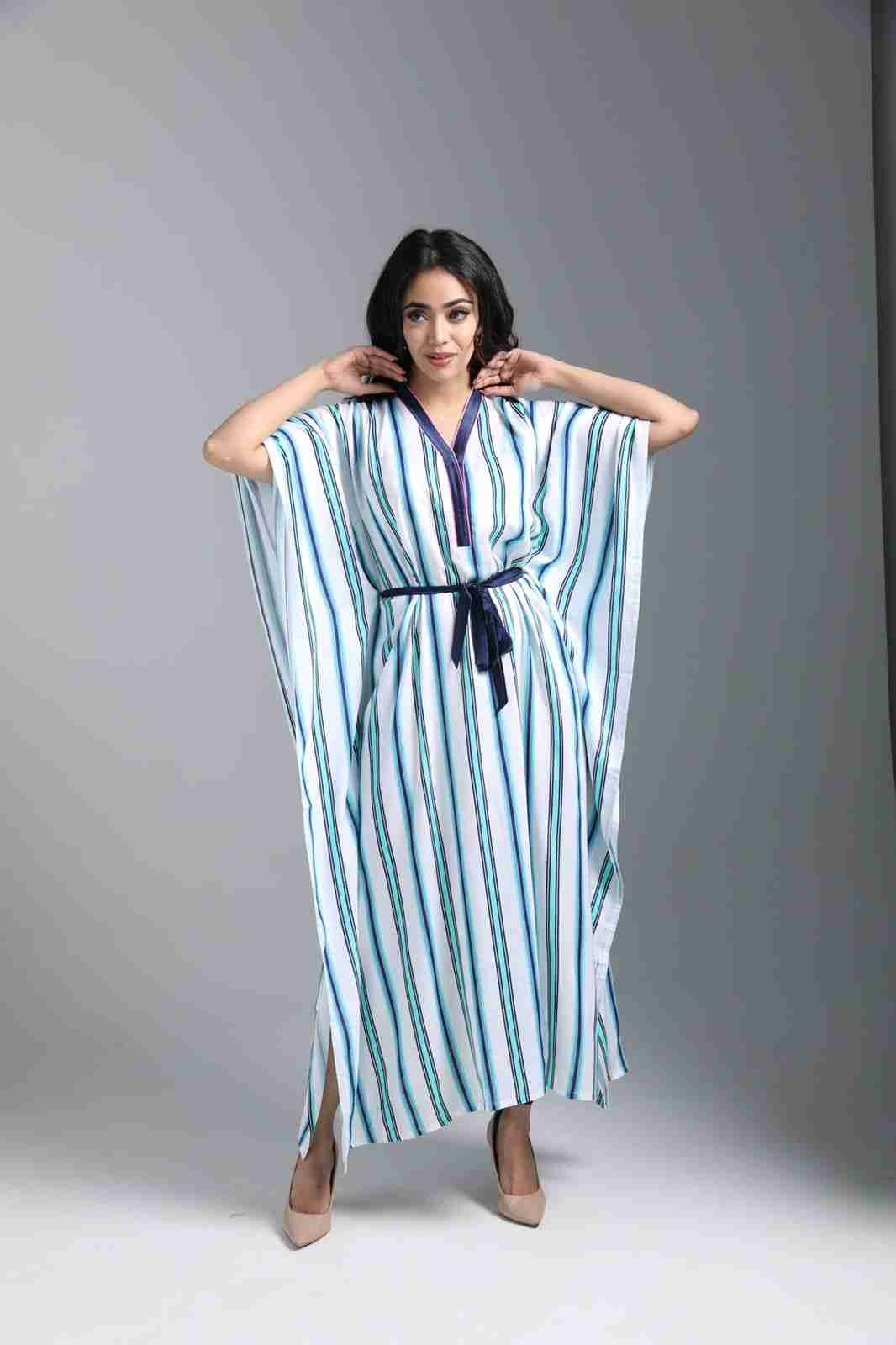 Blue and White Stripes Kaftan Print