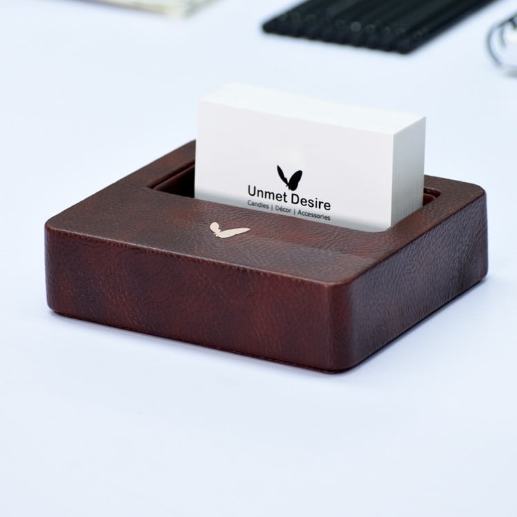 Visiting Card Holder for Desk | Faux Leather | Square | Classic | Brown