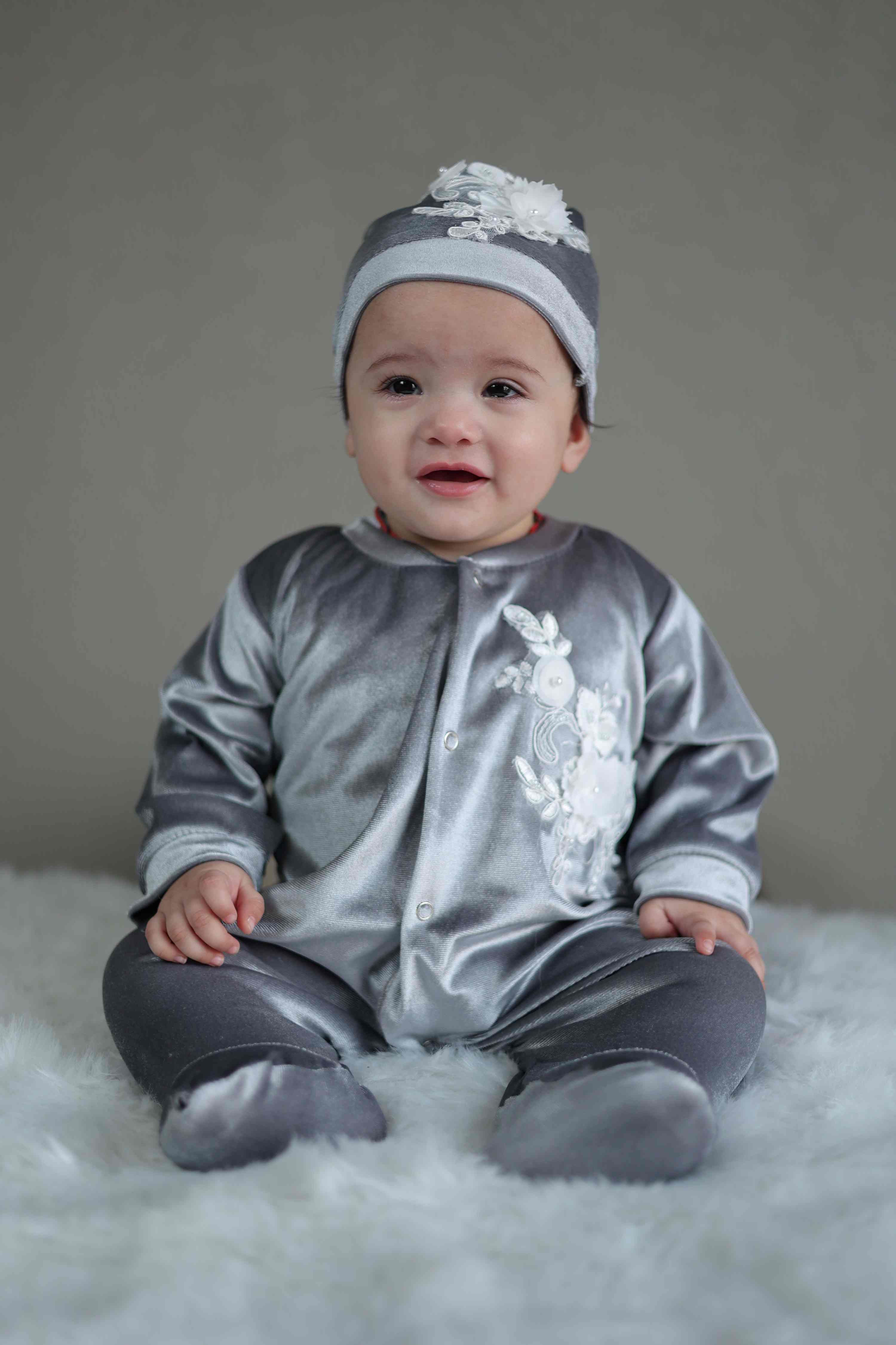 Silver Blossom Velvet Baby Set