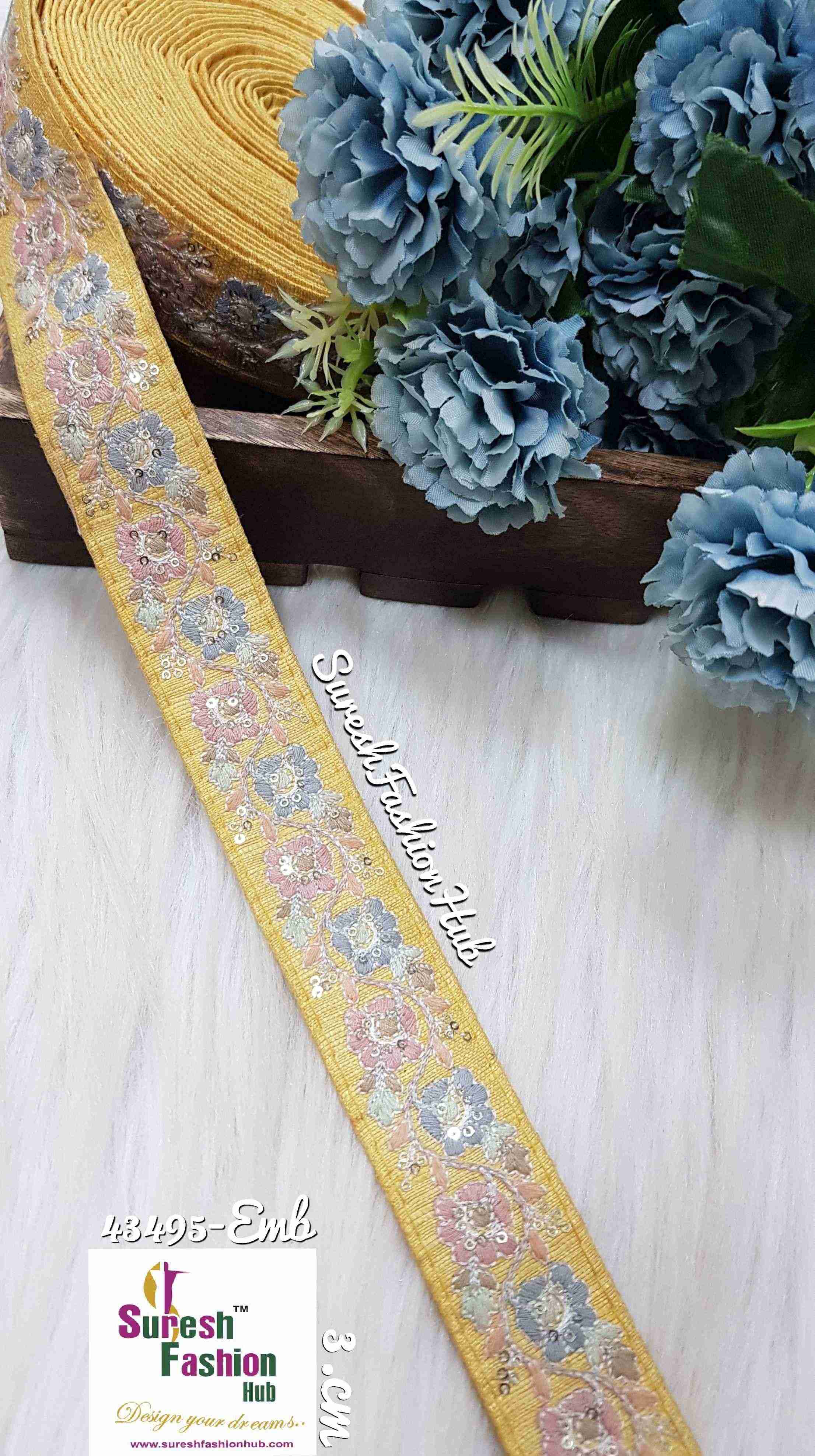 Threaded Flower Bouquet Yellow Fabric Sequin Edging Embroidered Trim