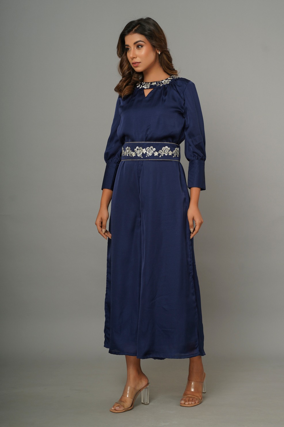 Blue Embroidery Work On Collar And Embroidery Belt Jumpsuit