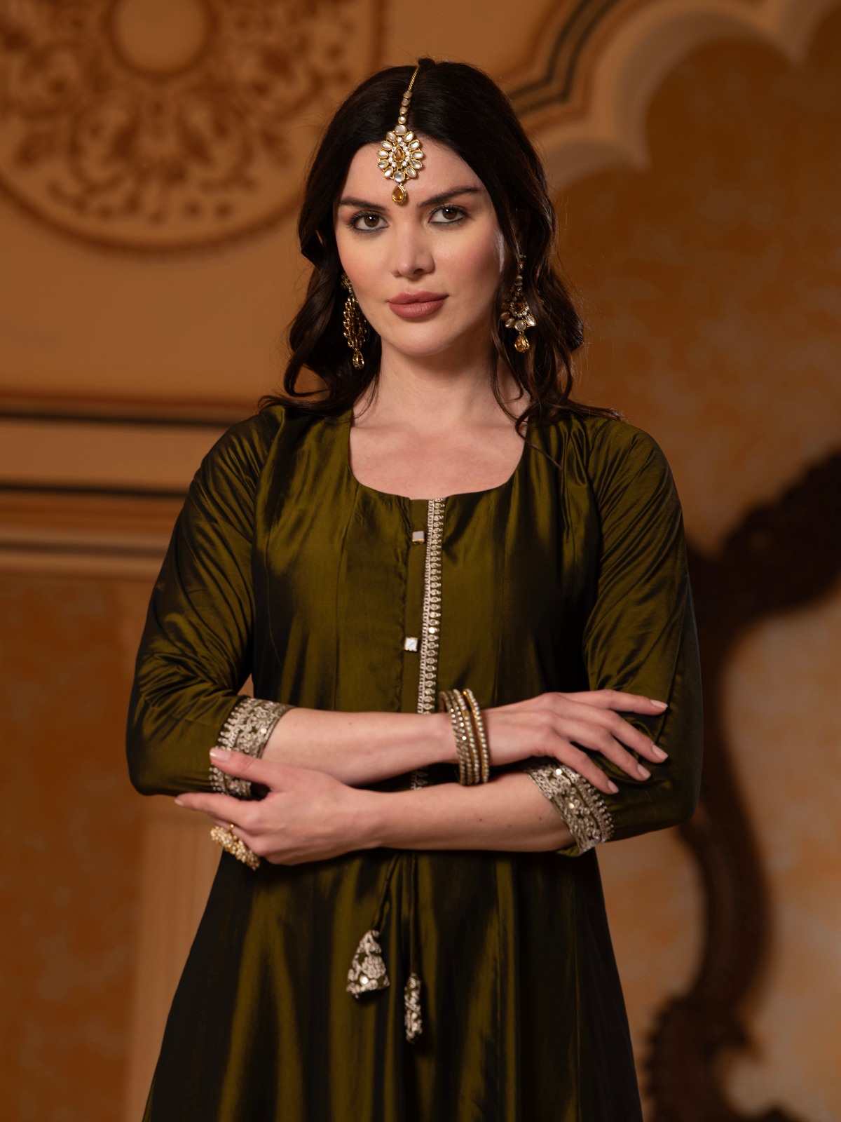 ALBION FANCY LADIES ETHNIC OLIVE KURTI SET