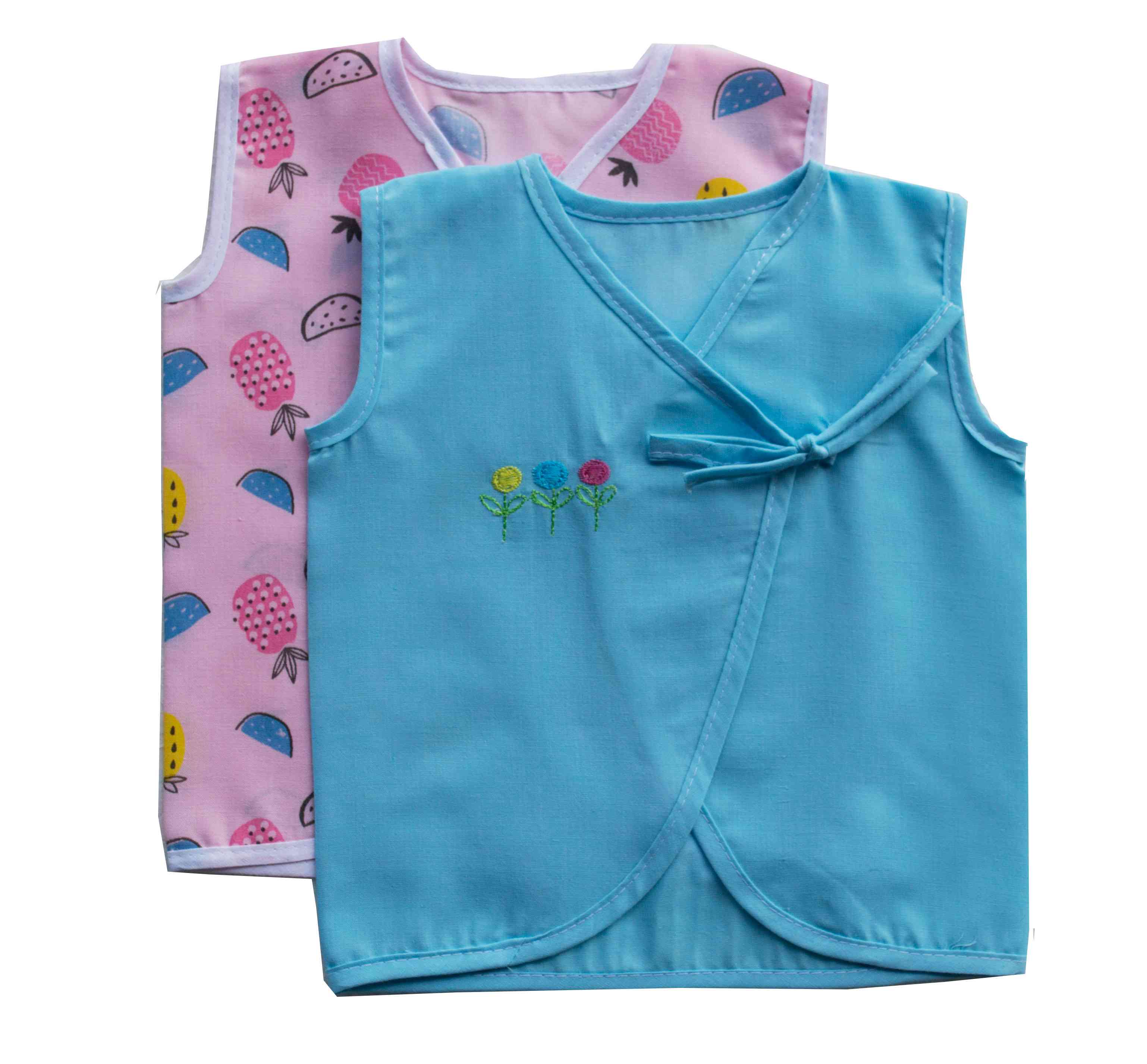 Plain Blue Jhabla & Pink Fruits Printed Jhabla 2 pc Combo (100% Cotton)