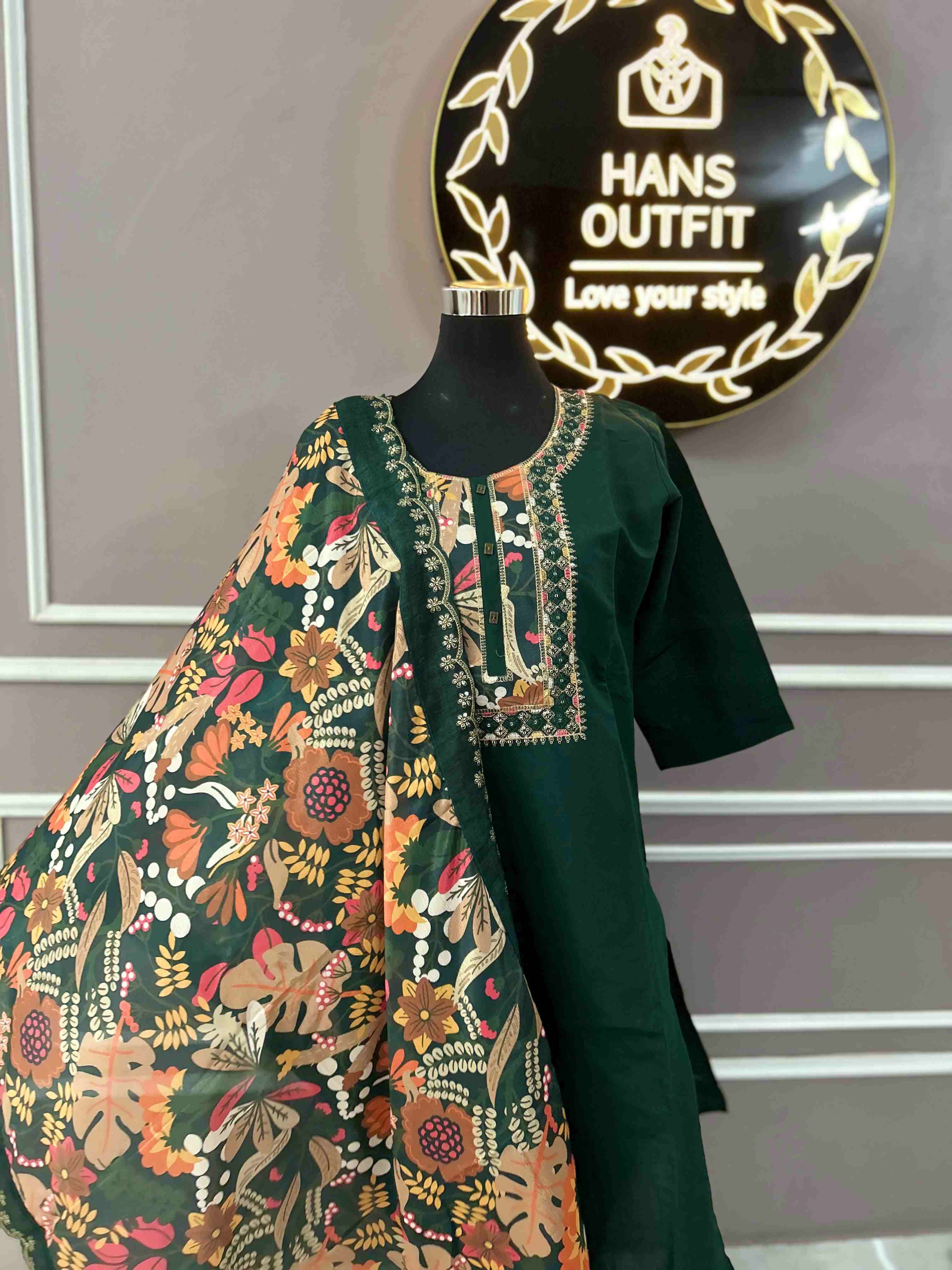 Evergreen embroidery neck with flora dupatta