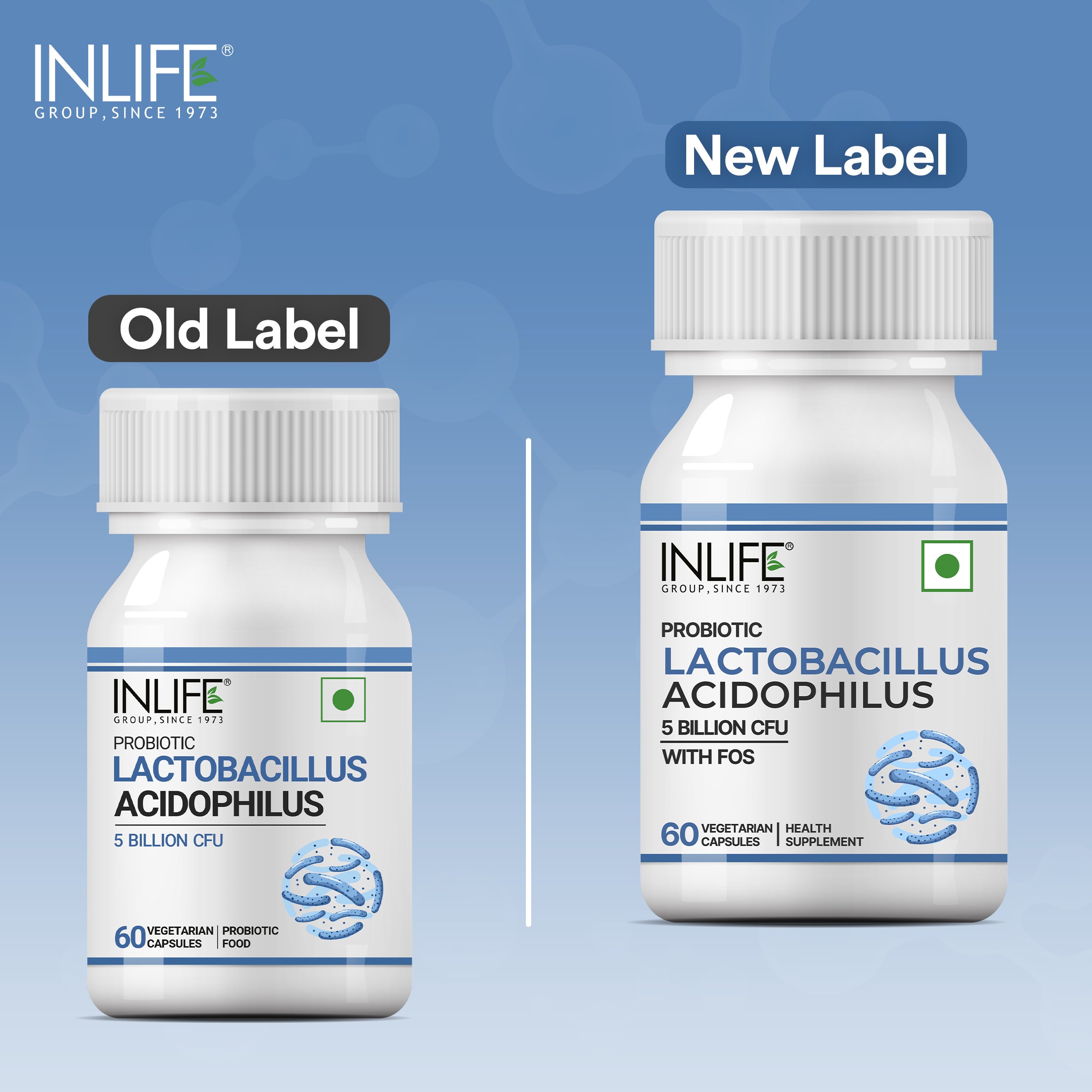 INLIFE Lactobacillus Acidophilus Probiotic 5 Billion CFU with FOS, 60 Caps | Prebiotic FOS 20 mg, Supports Gut Health and Digestion, Vegetarian Capsules, 60 Servings, Health Supplement