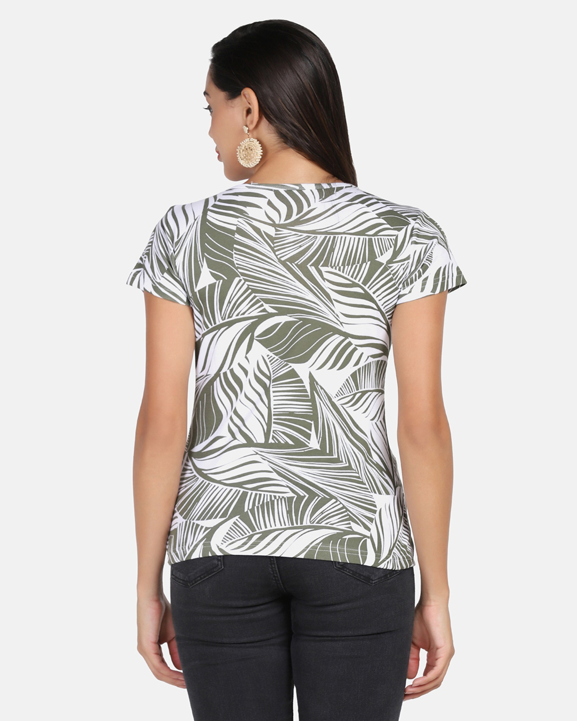 Olive Leaf Printed V Neck T Shirt 