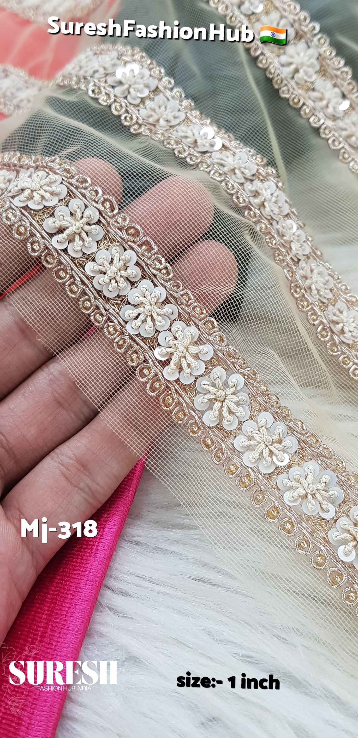 Mj-318 Offwhite on Gold Handmade Floral Net Border – 9 Meters