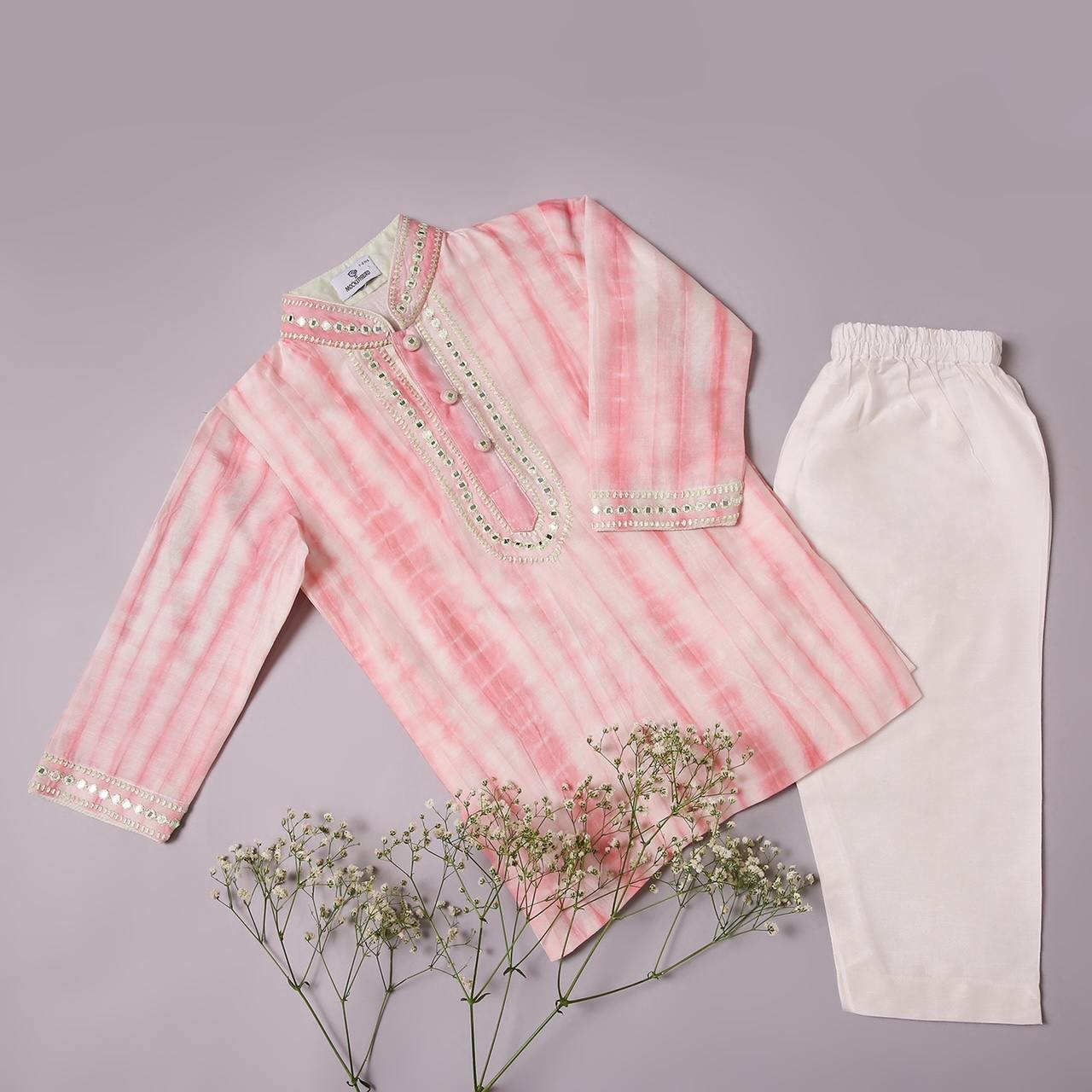 PINK TYE DYE KURTA WITH MIRROR WORK
