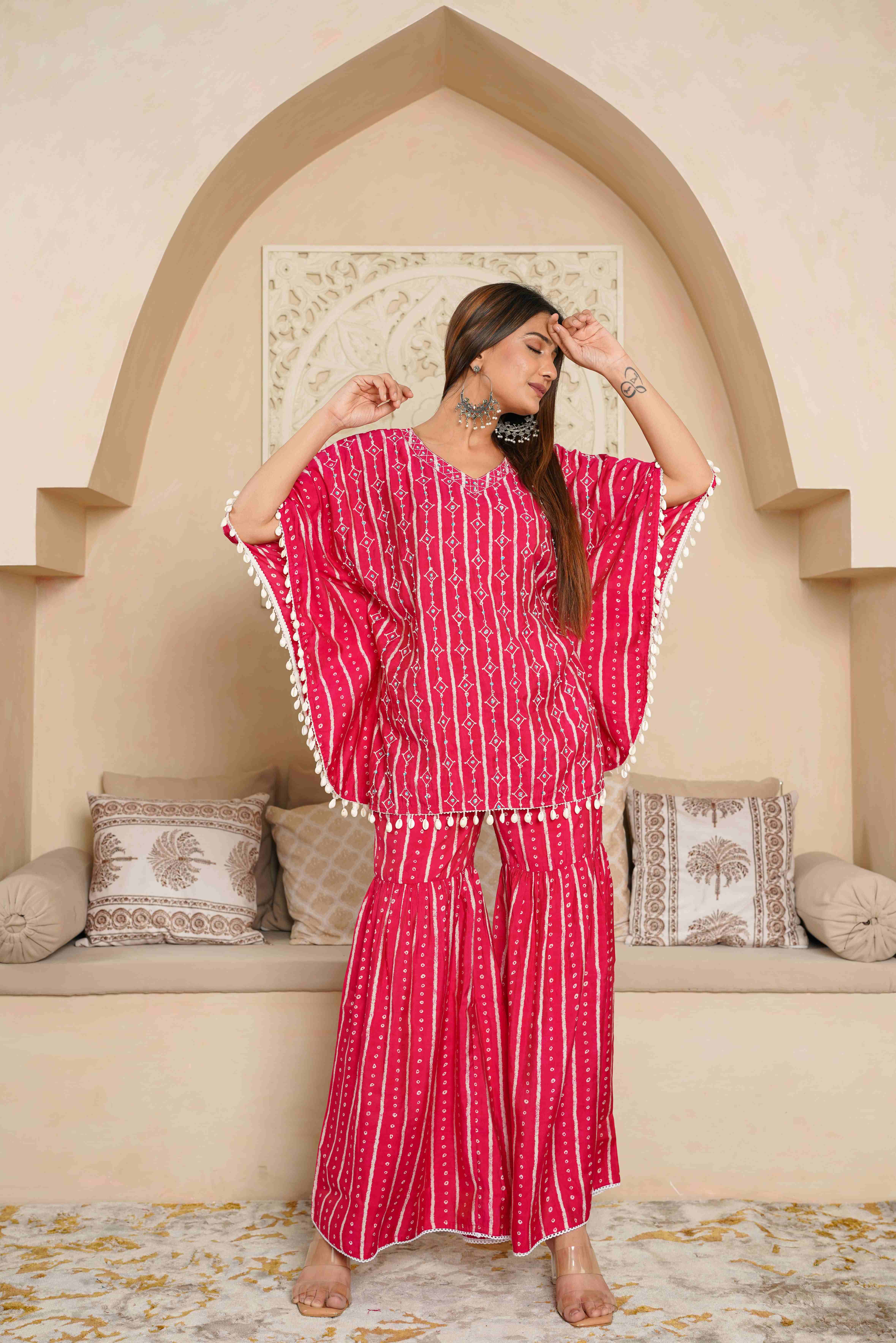 Printed Pink embroidered kaftan top with sharara
