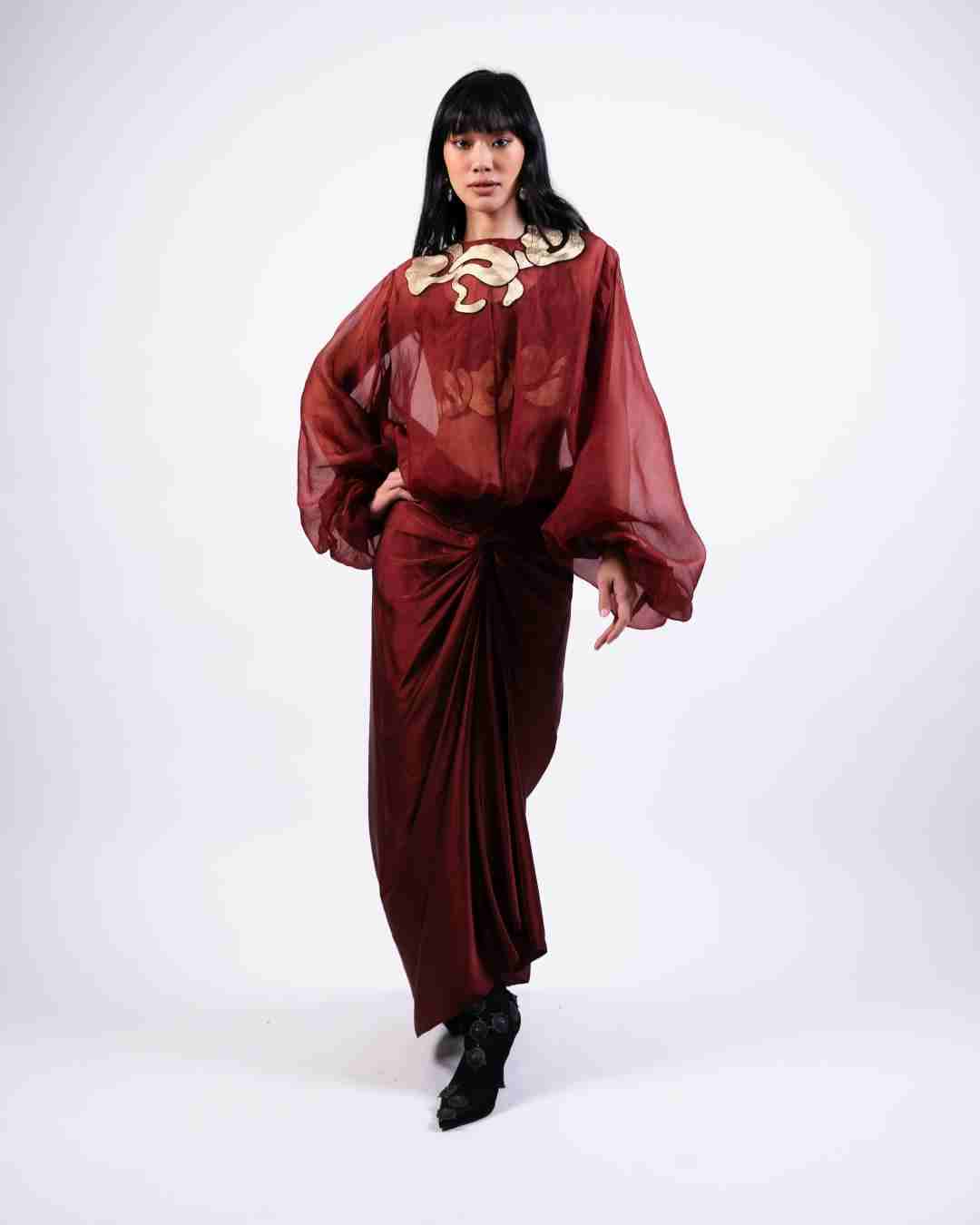 AKOK Brown Silk Organza Baloon Top with skirt and Crop top Co-ords