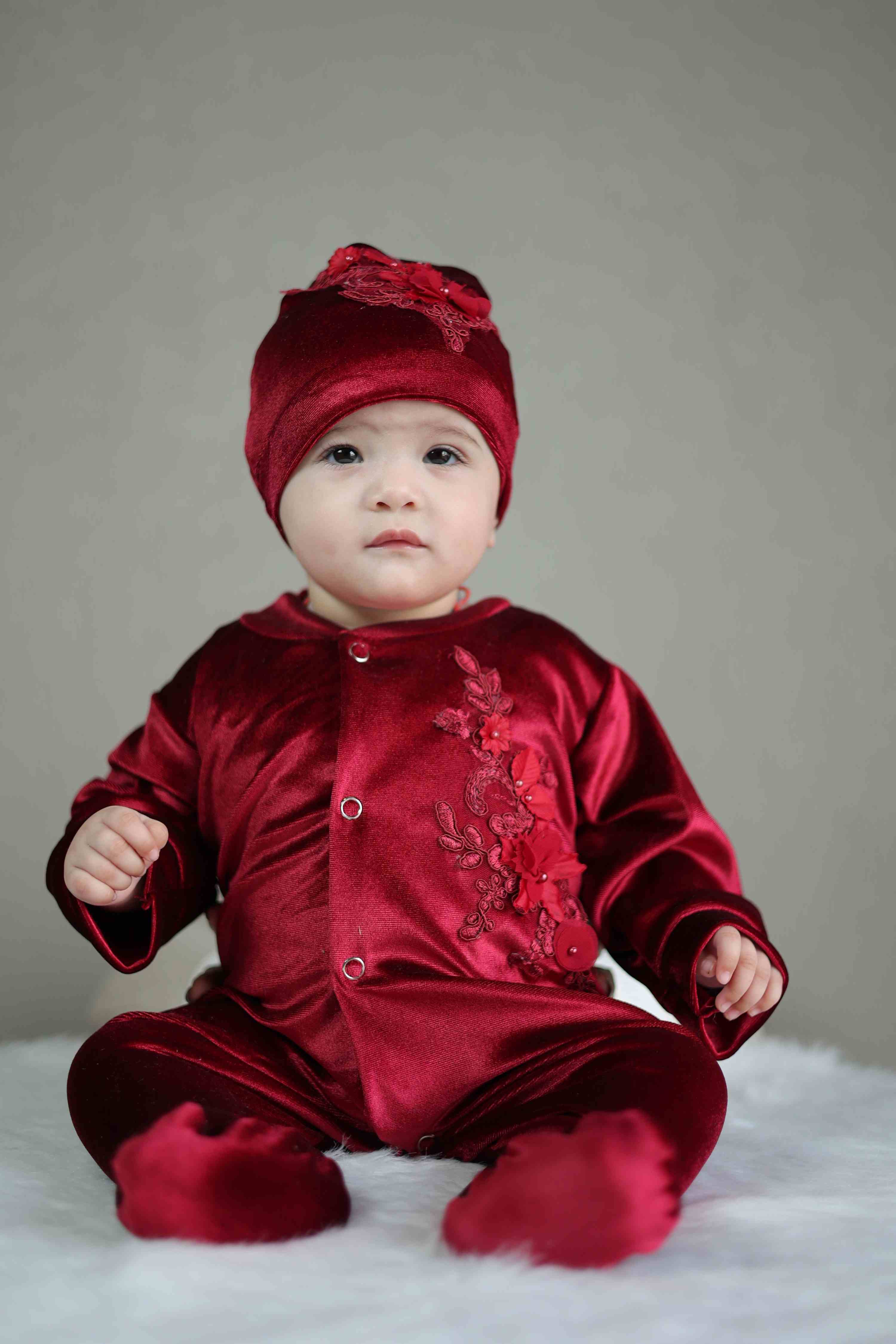 Scarlet Bloom Velvet Baby Set