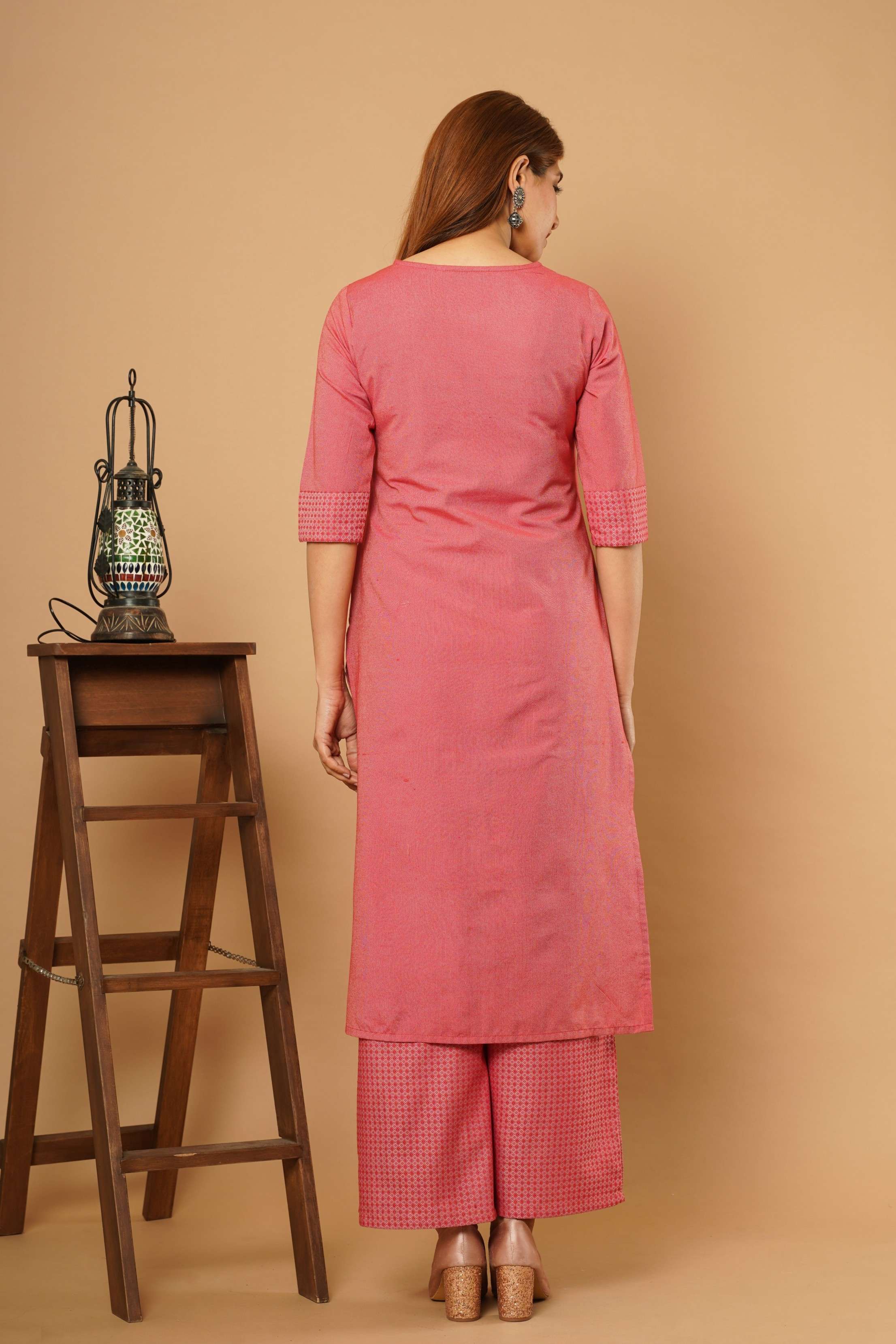 Women Coral Cotton Kurta with Palazzos
