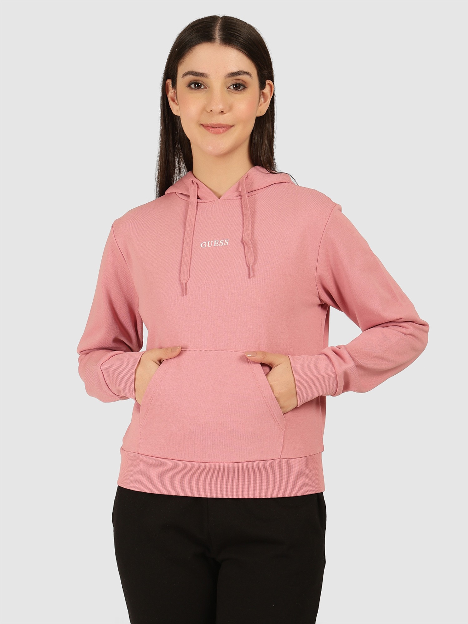 Guess Pink Cotton Solid Hoodie Women