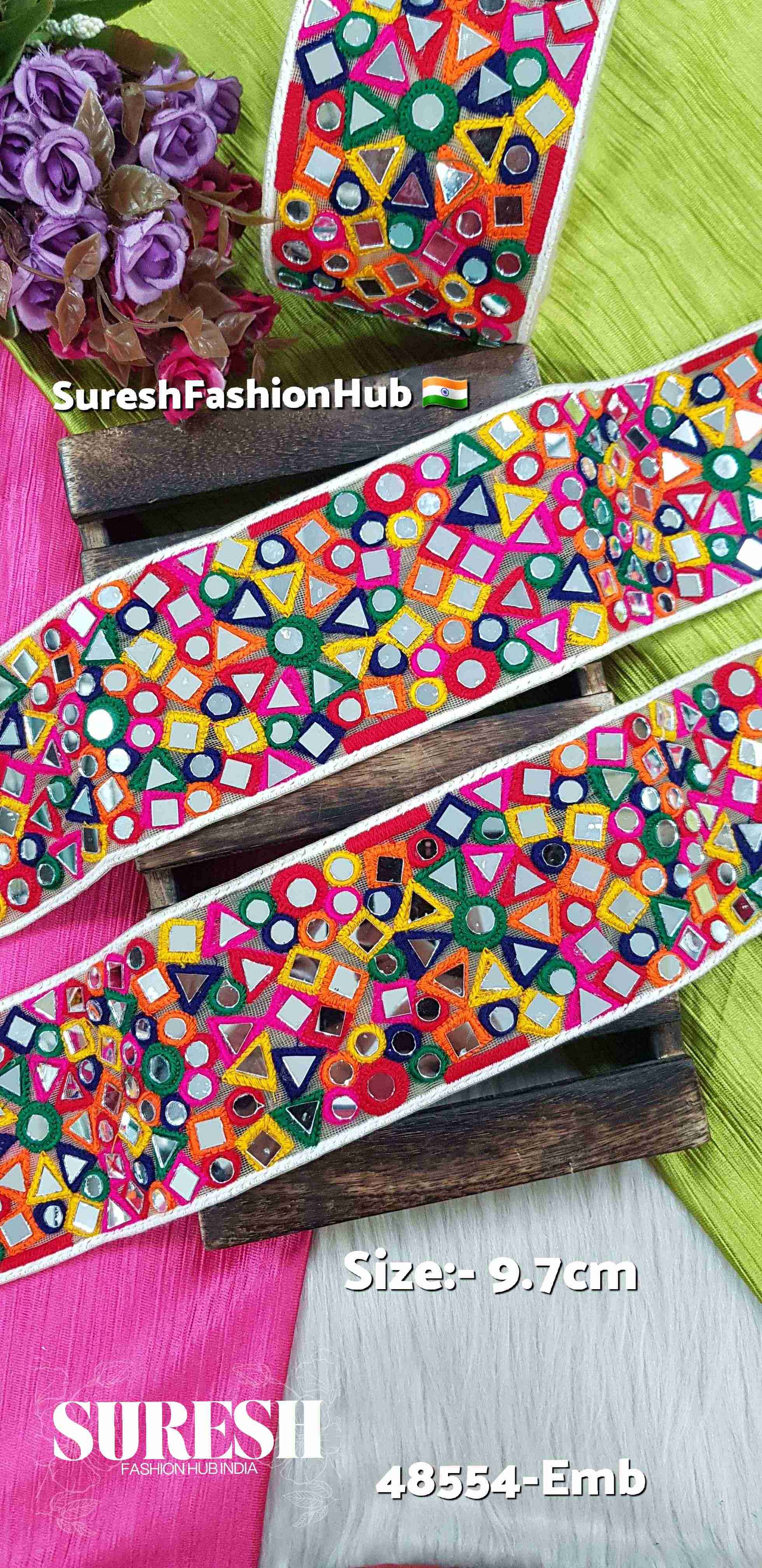 Navratri Bloom Geometric Mirror Thread Lace – Dark Multi | 48554-Emb