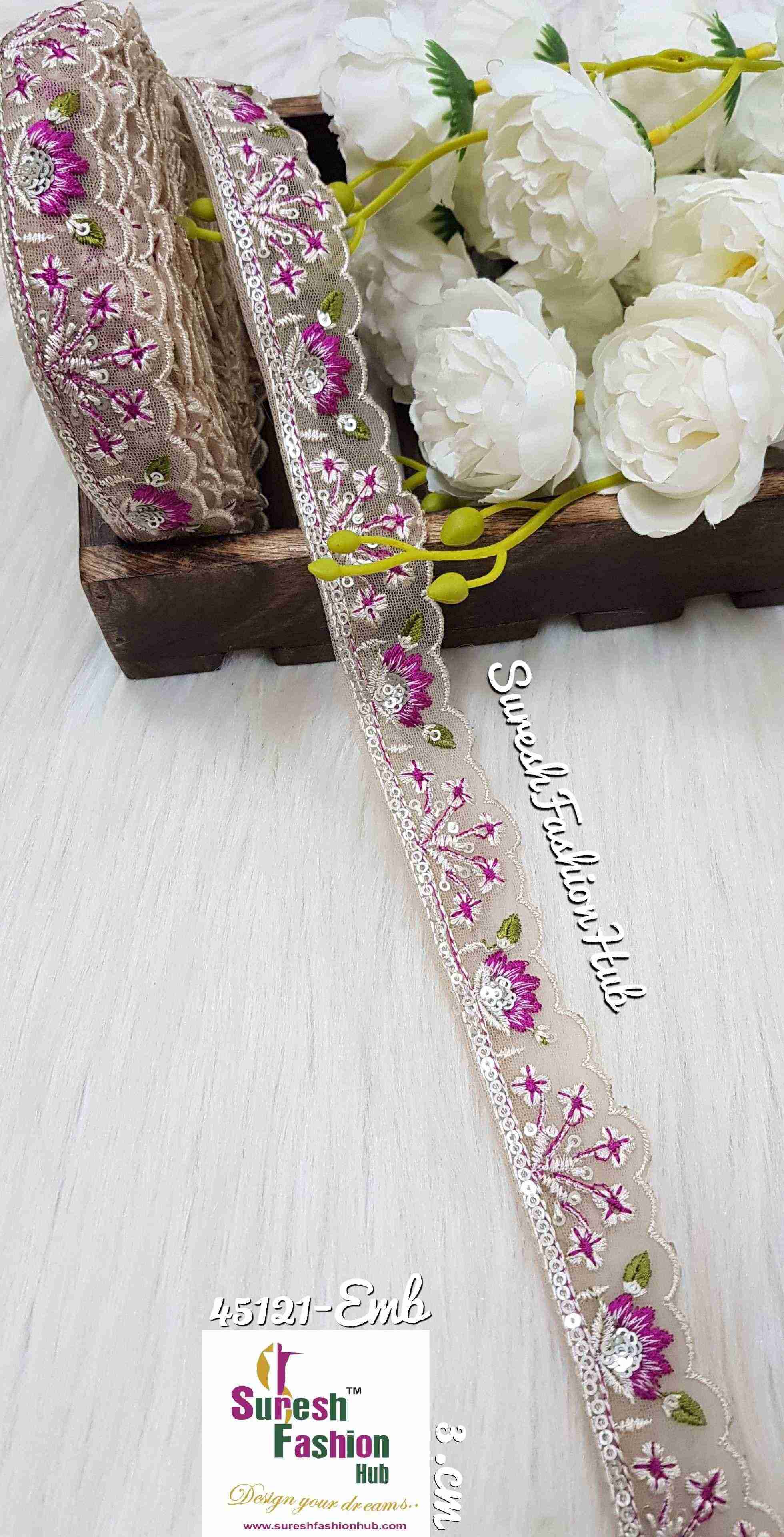 Magenta Flowers Sequined Petal Cutwork Laces